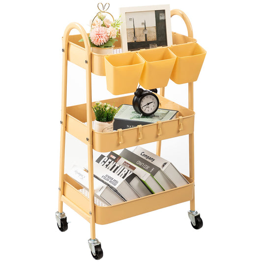 danpinera 3-Tier Rolling Cart, Utility Cart Mobile Metal Rolling Storage Cart with Lockable Wheels & Hanging Cups & Hooks for Kitchen, Bathroom, Office, Workshop, Yellow