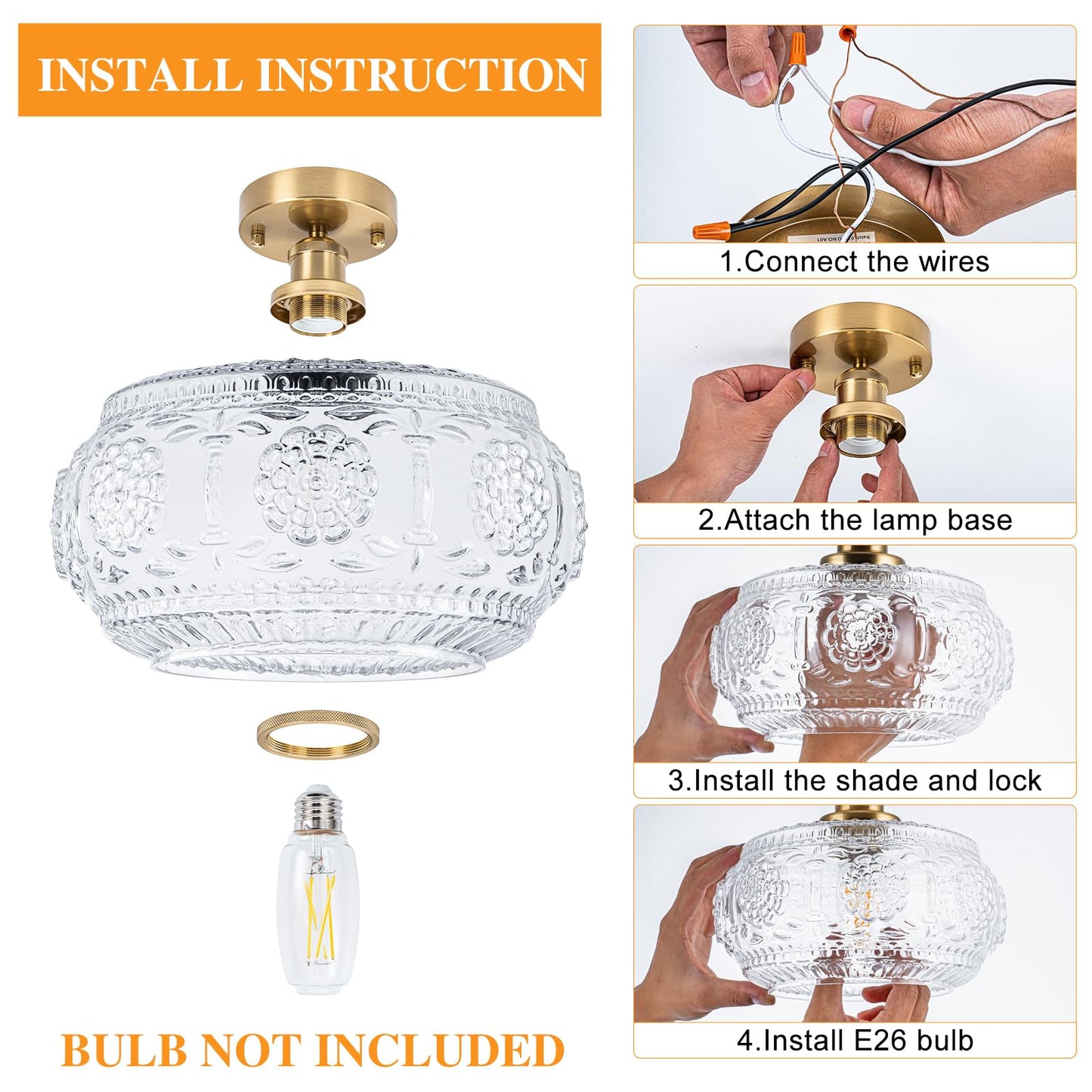 Tbaoinla Semi Flush Mount Ceiling Light Fixture - Brass & Floral Glass Shade, Vintage Modern Lighting for Entryway, Bathroom, Kitchen, Bedroom (Bulb Not Included)