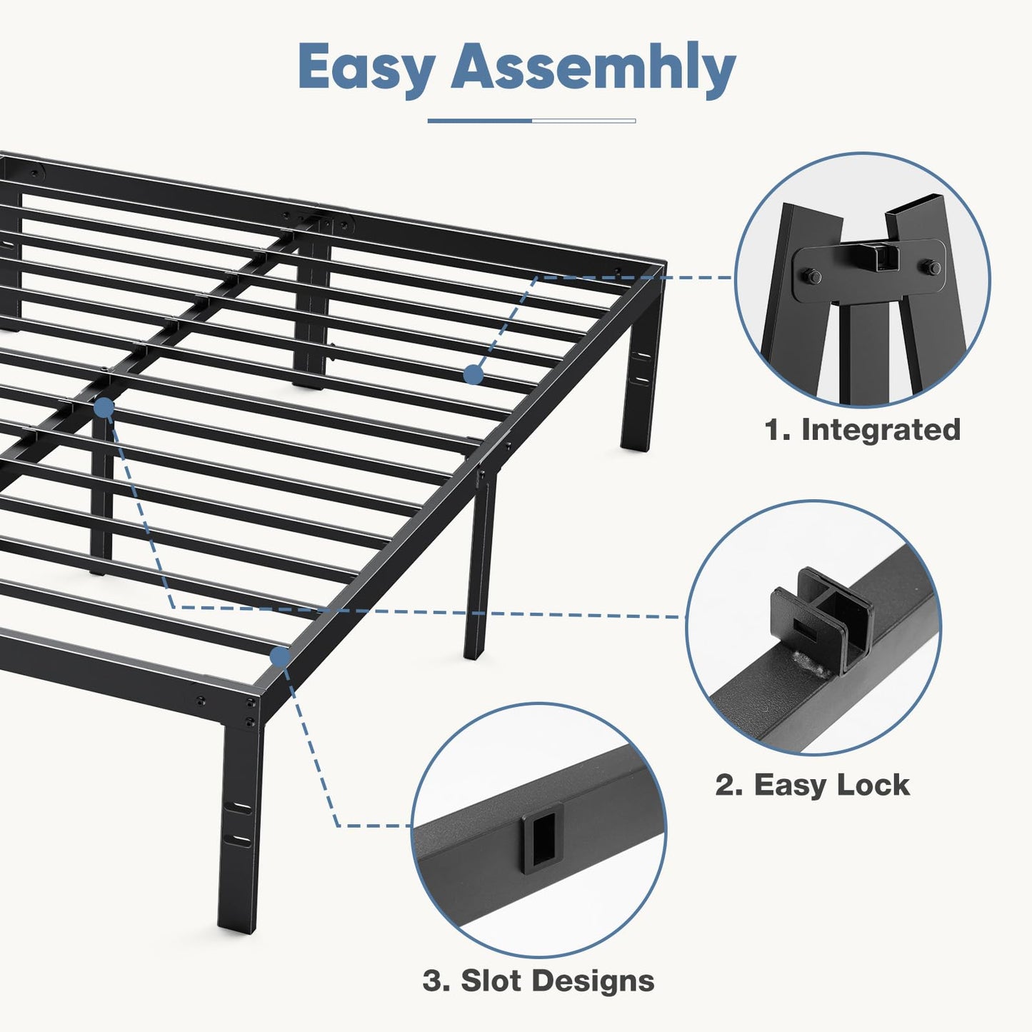 DUMOS Queen Size 14 Inch Bed Frame - Metal Platform Bed Frame Mattress Foundation with Steel Slat Support, No Box Spring Needed, Storage Space Under Base, Easy Assembly, Black