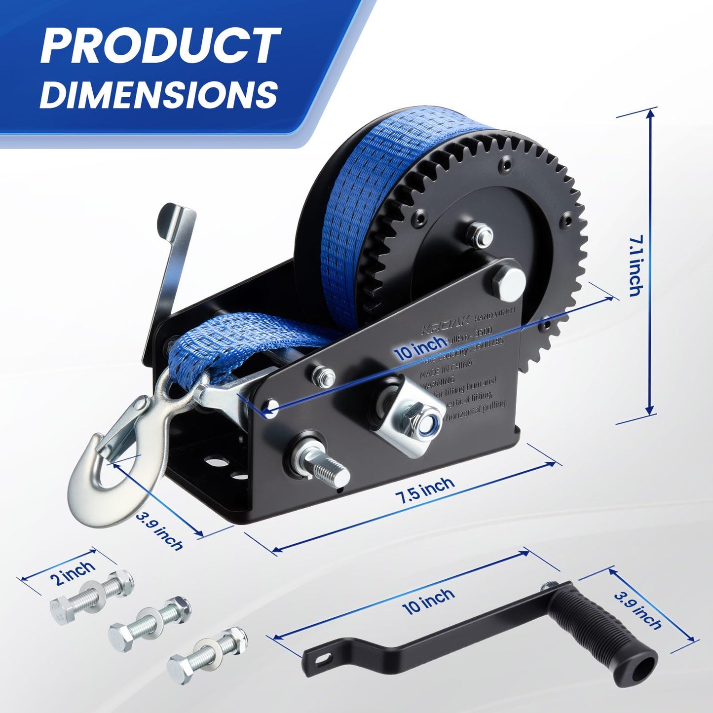 3500lbs Heavy Duty Boat Trailer Winch with 33 FT Strap, 2-Way Ratchet & 4:1/8:1 Gear Gear Ratio - Portable Hand Crank Winch for Boat, Trailer, Truck, RV, ATV, Jet Ski - Manual Winch Easy Operation