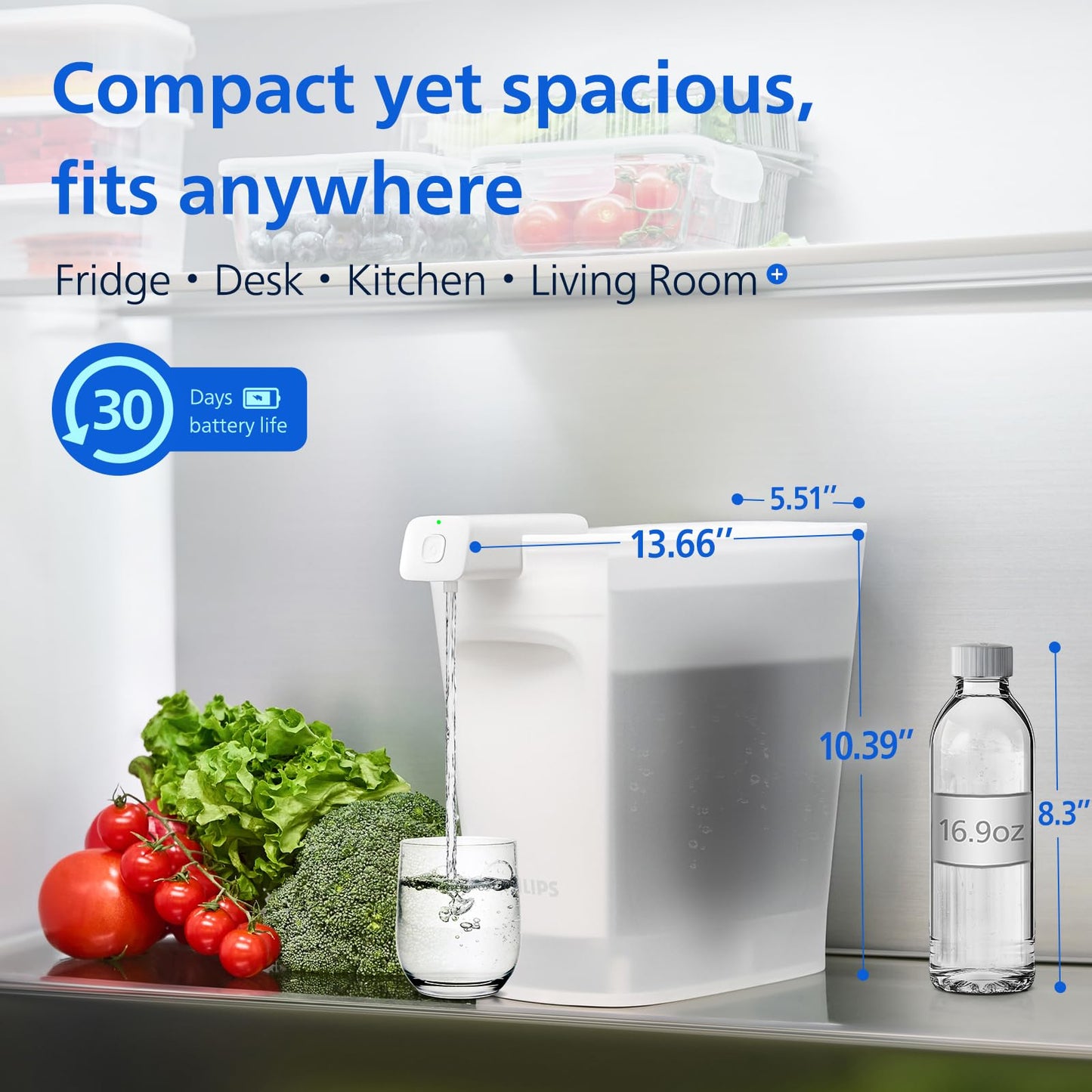 PHILIPS 20 Cup Electric Water Filter Pitcher for Fridge Door, Space-Saving Slim Design, Rechargeable Electric Water Dispenser with Pro Filter, Reduces Lead & 57 Impurities, 6-Month/180-Gallon, ADD5913