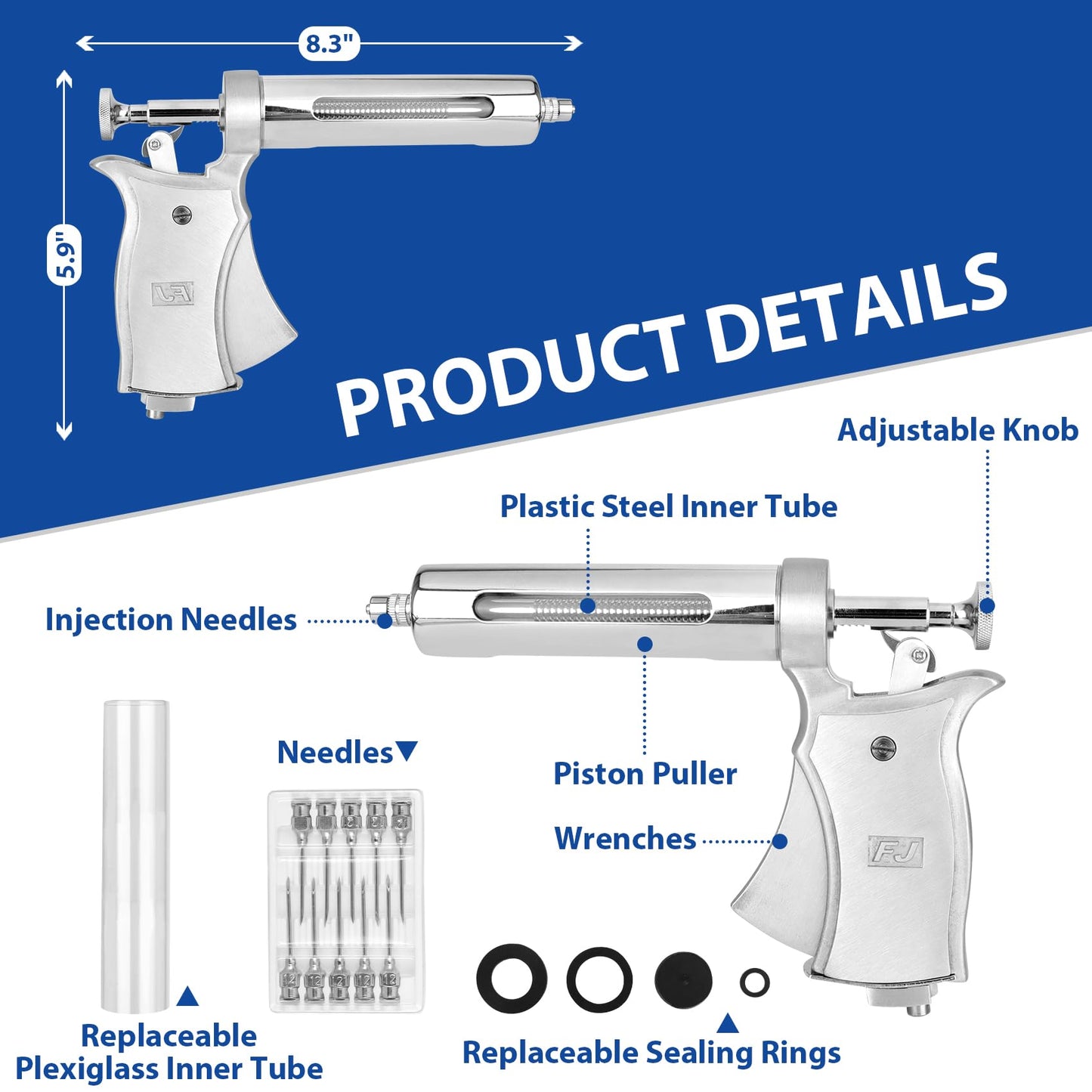 50ML Continuous Livestock Syringe, Adjustable Syringe For Horses, Sheep, Cattle, Pigs, Etc., Farm And Breeding Equipment, Large Capacity, Semi-Automatic, With 10 Stainless Steel Needles