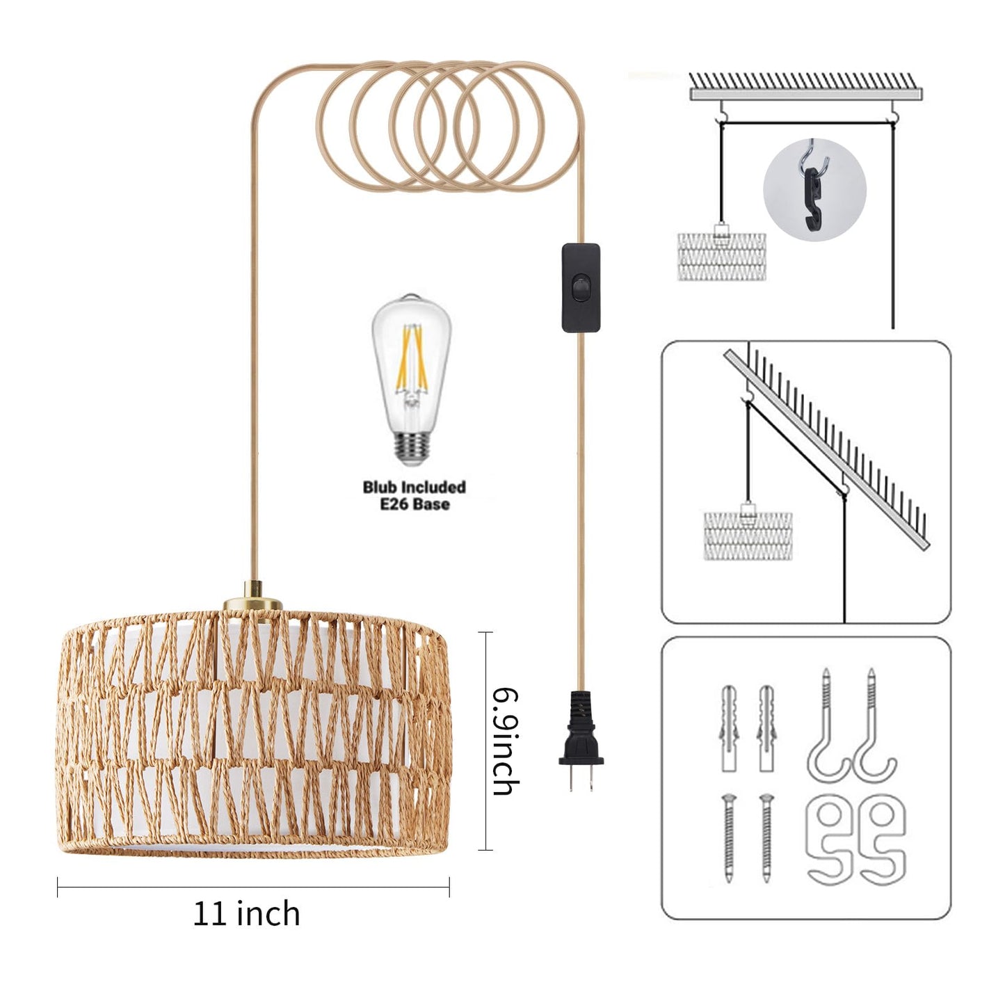 Beser·Win Plug in Pendant Light Rattan Hanging Lights with Plug in Cord, Woven & Fabric 2 in 1 LampShade, Hanging Lamp Plug in for Bedroom Living Room Kitchen Island (Bulb Included)