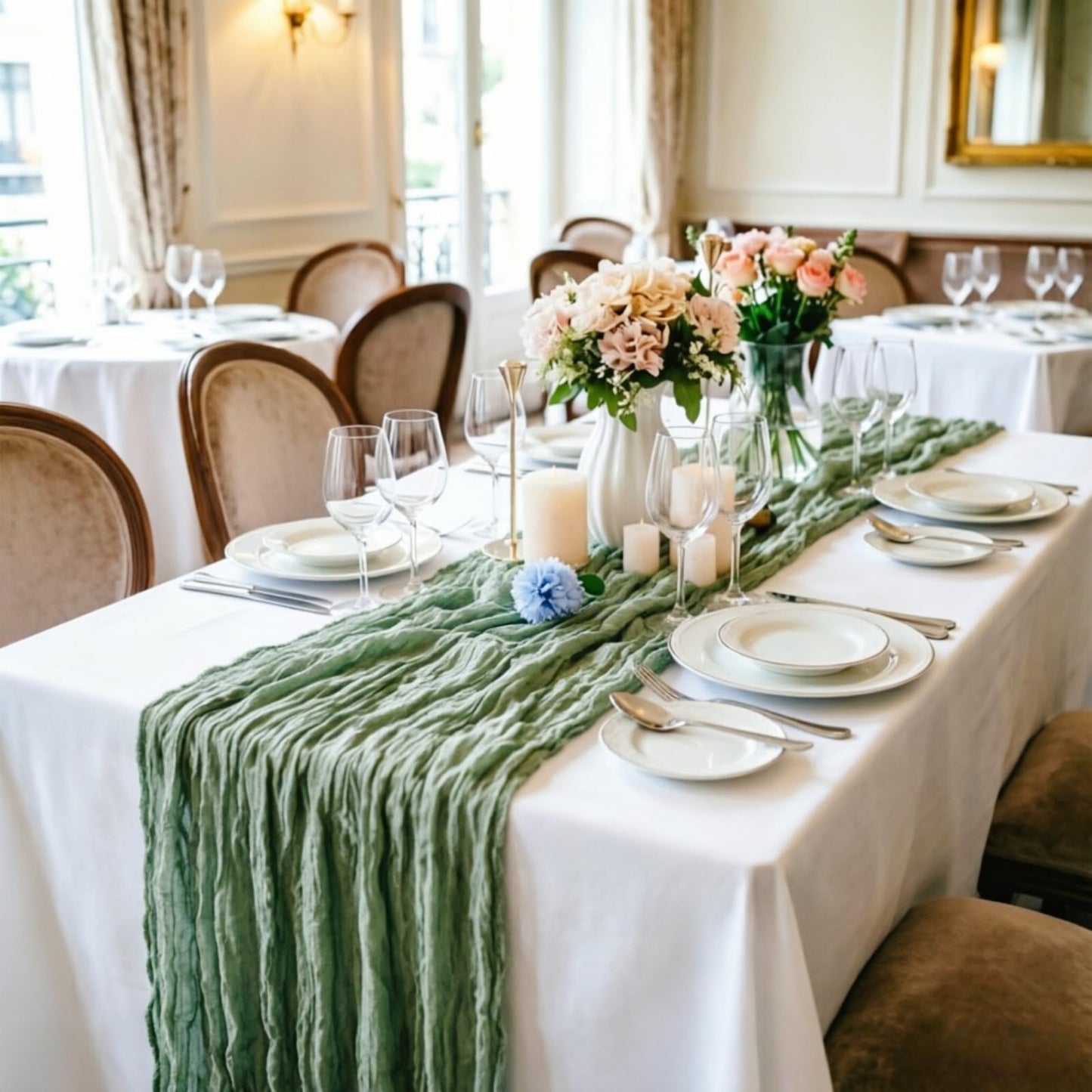 16 Pack Sage Green Cheesecloth Table Runner 10FT Boho Gauze Cheese Cloth Table Runner Long Rustic Sheer Table Runners for Wedding Bridal Baby Shower Birthday Party Table Decorations