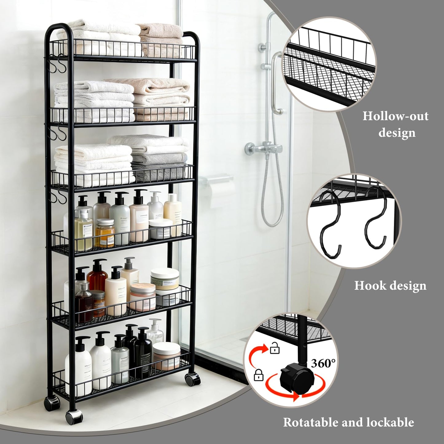 Seadasyoon 6in 6 Tier Slim Storage Cart with Wheels, Narrow Space Rolling Shelving Unit, Metal Wire Mobile Organizer Rack for Kitchen Bathroom Office Laundry