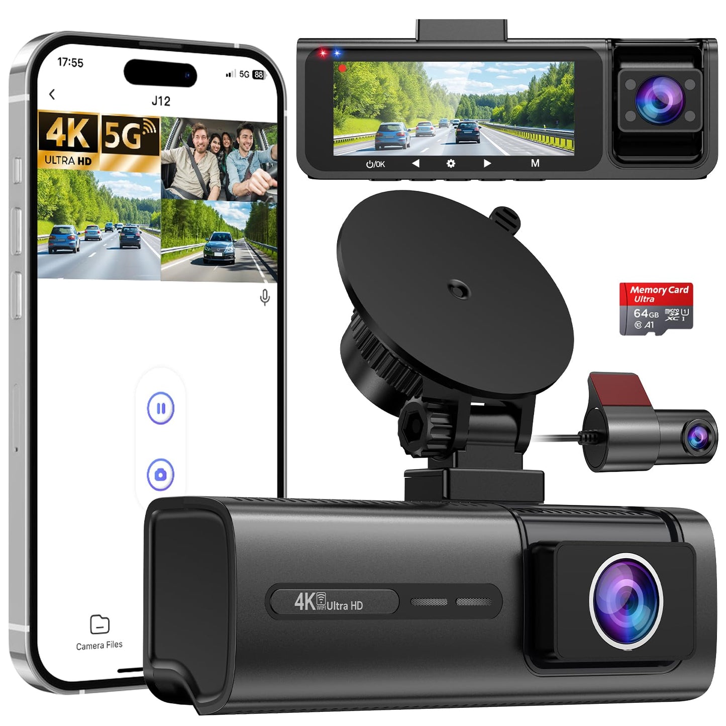 3 Channel 5G WiFi Dash Cam, 4K+1080P+1080P Dash Cam Front and Rear Inside with 64GB Card, 3.16” IPS Screen, G-Sensor, Loop Recording, Parking Monitor, 170° Wide Angle, IR Night Vision, WDR, Black
