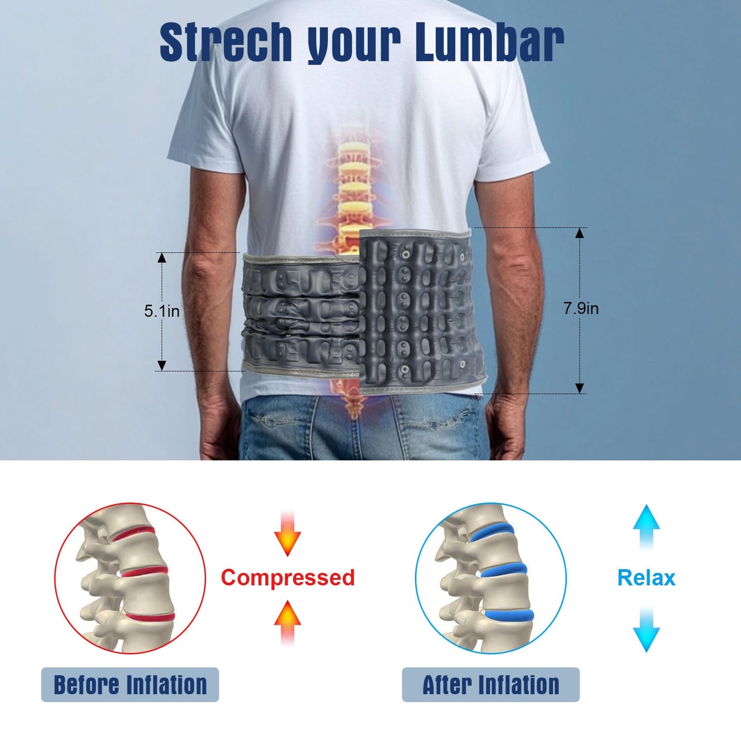 HONGJING Red Light Heating Decompression Belt with Electric Pump for Lower Back Pain, Cordless Heated Back Brace Inflatable Lumbar Support, One Size Fits 29-49 Waist
