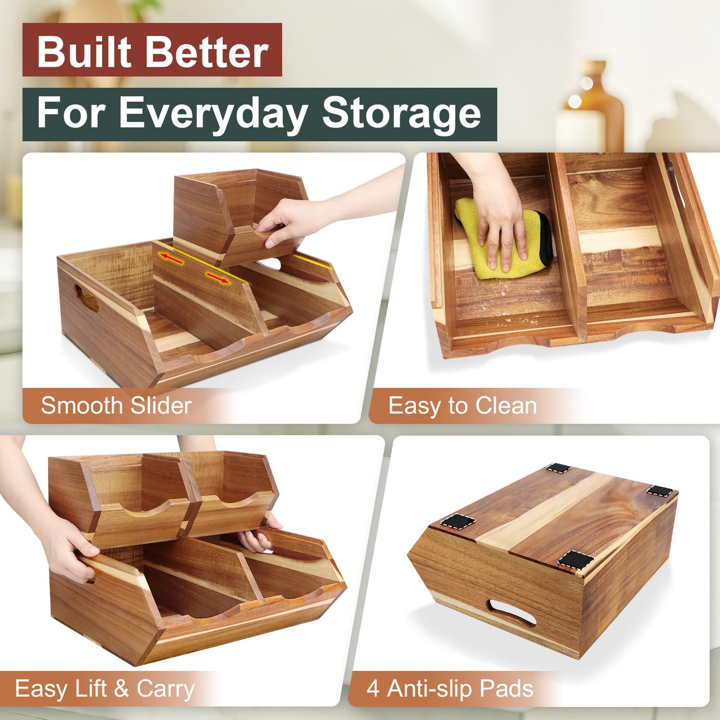 Happilif Acacia Wood Pantry Storage Bins, Stackable Potato and Onion Storage Bins for Kitchen Countertop, Set of 3 Wooden Pantry Organizer Baskets for Fruit, Vegetable, Snack