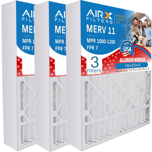 AIRX FILTERS WICKED CLEAN AIR. 16x25x3 Air Filter MERV 11 Compatible with Air Bear 255649-101 Furnace Filter 3 Pack