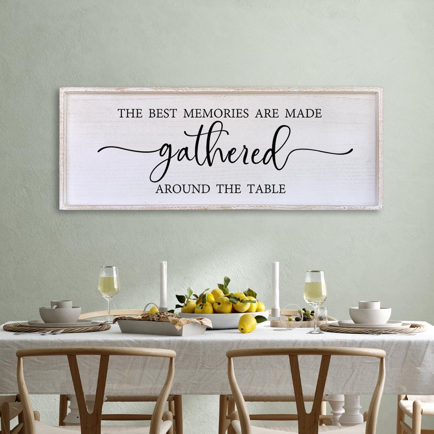 The Best Memories Are Made Gathered Around The Table Wall Decor 40"x15" Large Rustic Farmhouse Dining Room Wood Framed Modren Signs Kitchen Home Simple Hanging Wall Art (White)