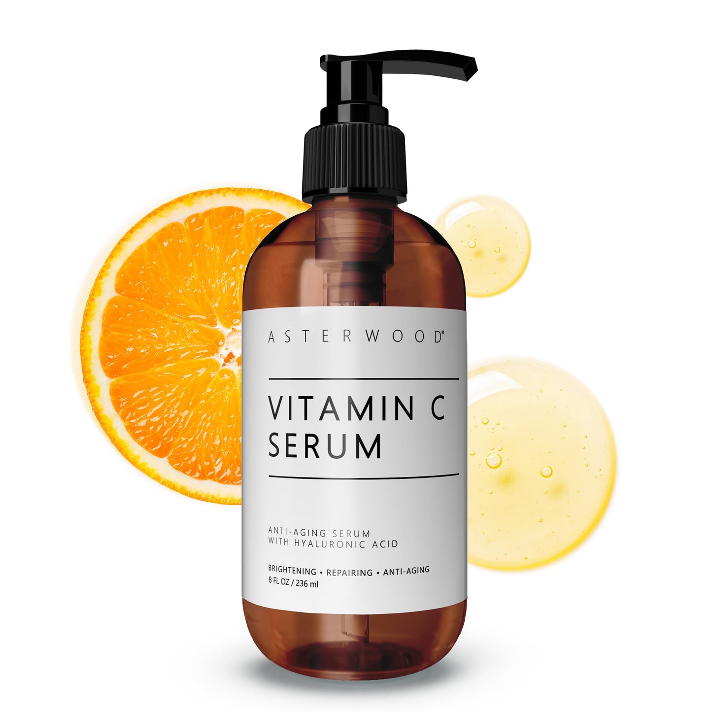 Asterwood Vitamin C Face Serum - with Hyaluronic Acid - Smoothing, Hydrating, Stimulates Collagen Production - Fragrance-Free - 8 Fl Oz
