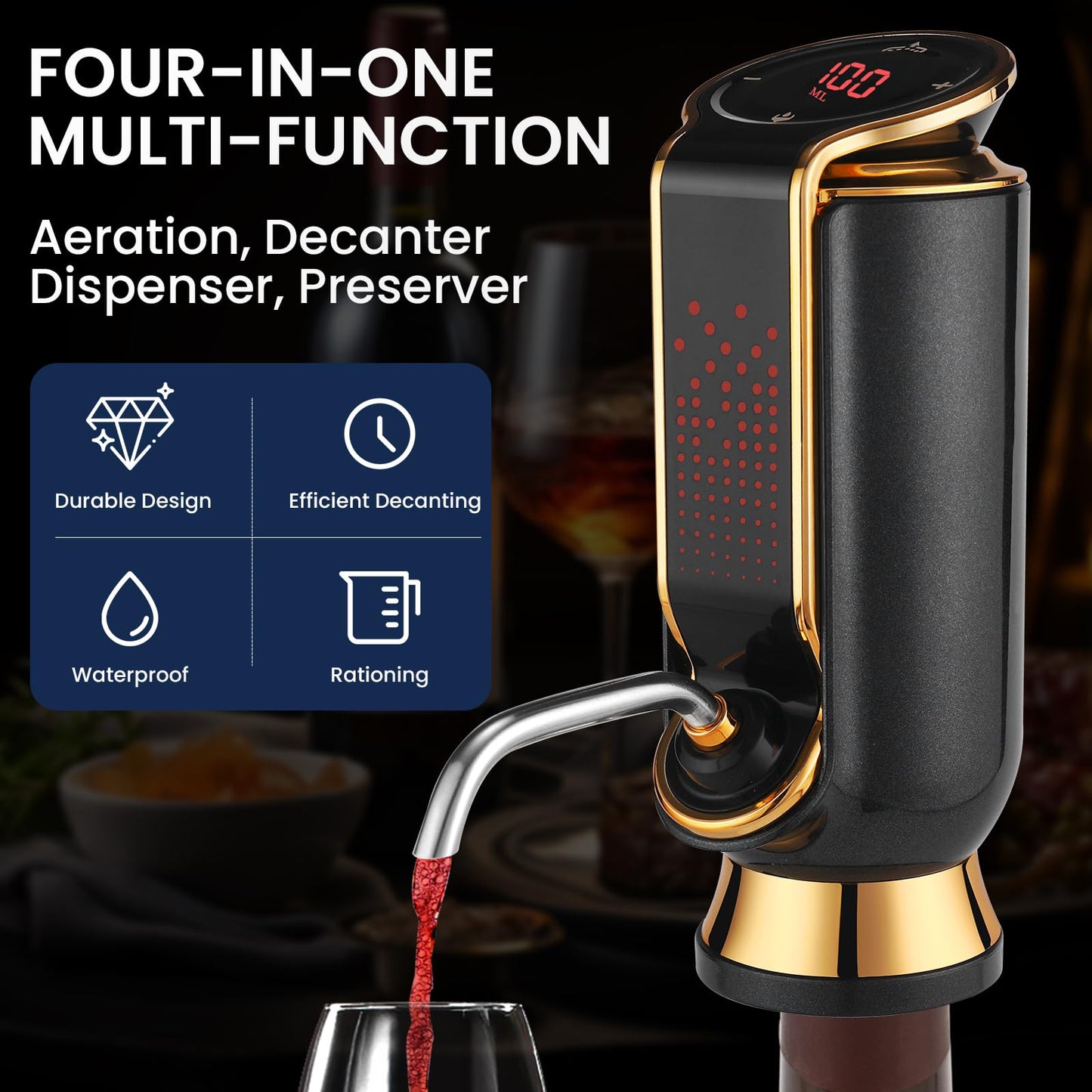 BLUBYEES Luxurious 4-in-1 Electric Wine Aerator, Decanter, Dispenser & Vacuum Saver with LED Display - Wine Pourer Gift for Women and Wine Lovers