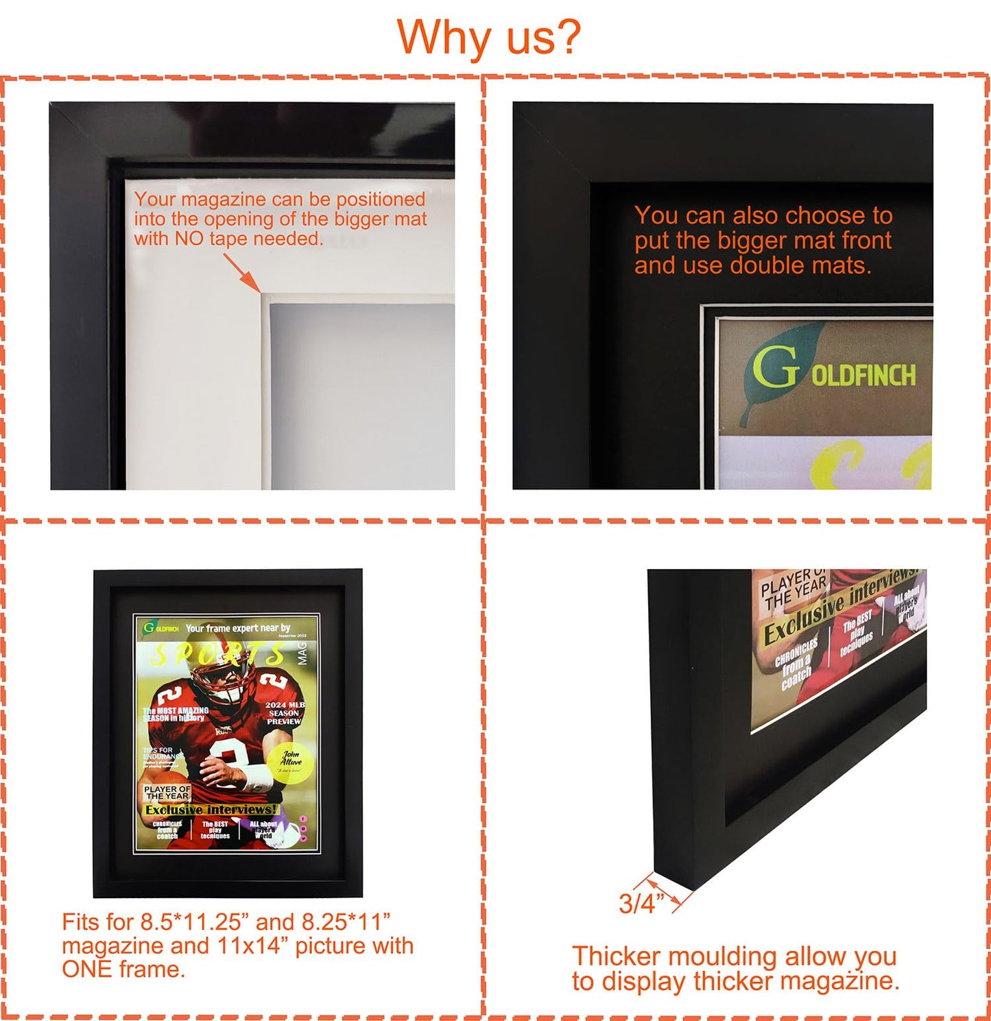 Goldfinch 4 Packs Sports Magazine Frame Displays Magazines Measuring 8.5 x 11.25 or 8.25 x 11 inches with Double Black Core Matting, Deep Frame Moulding, with Installed Hangers