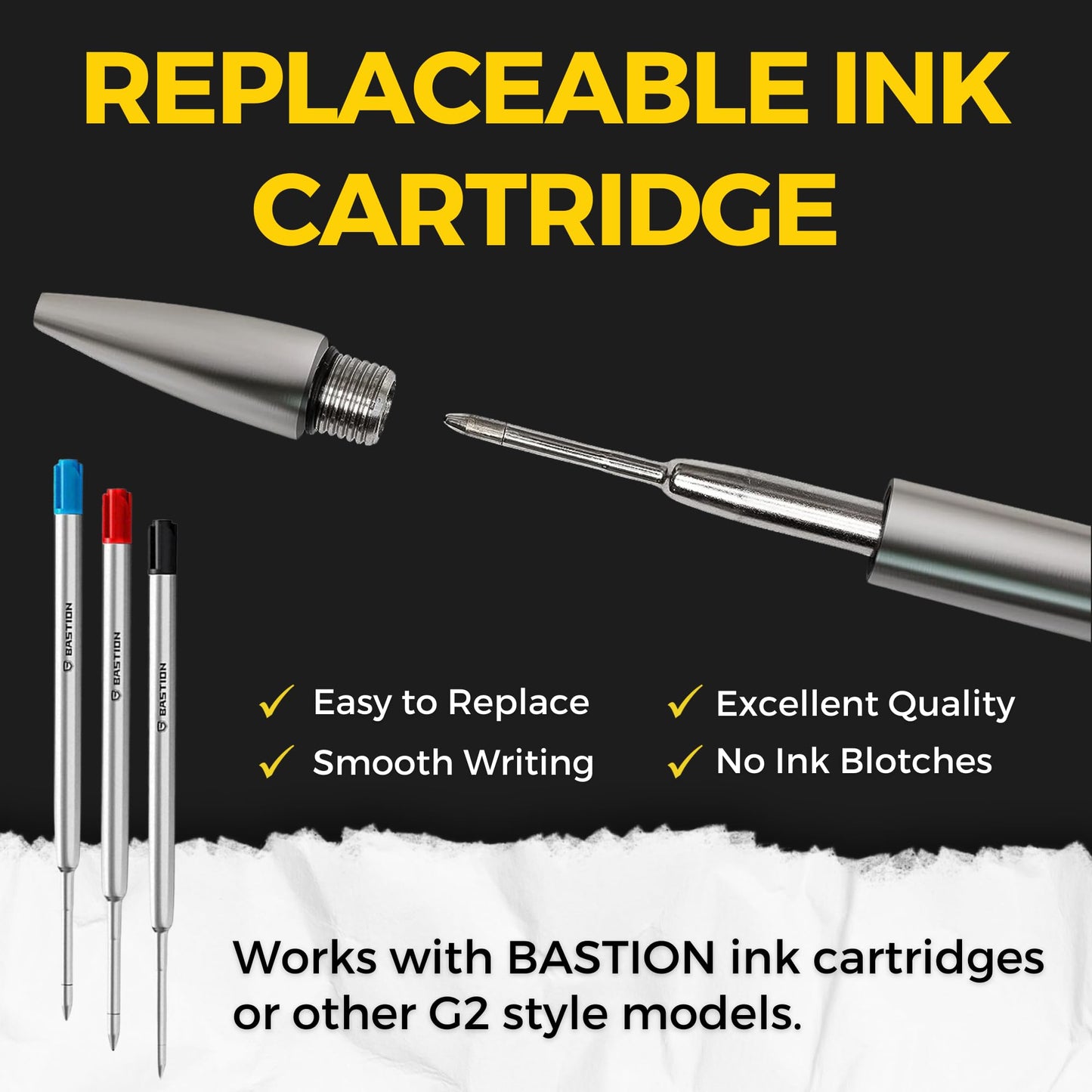 BASTION® Luxury Bolt Action Pen, Durable Professional Ballpoint Pen with Fine Tip, EDC Pen Ink Refillable Pen - 100% Stainless Steel