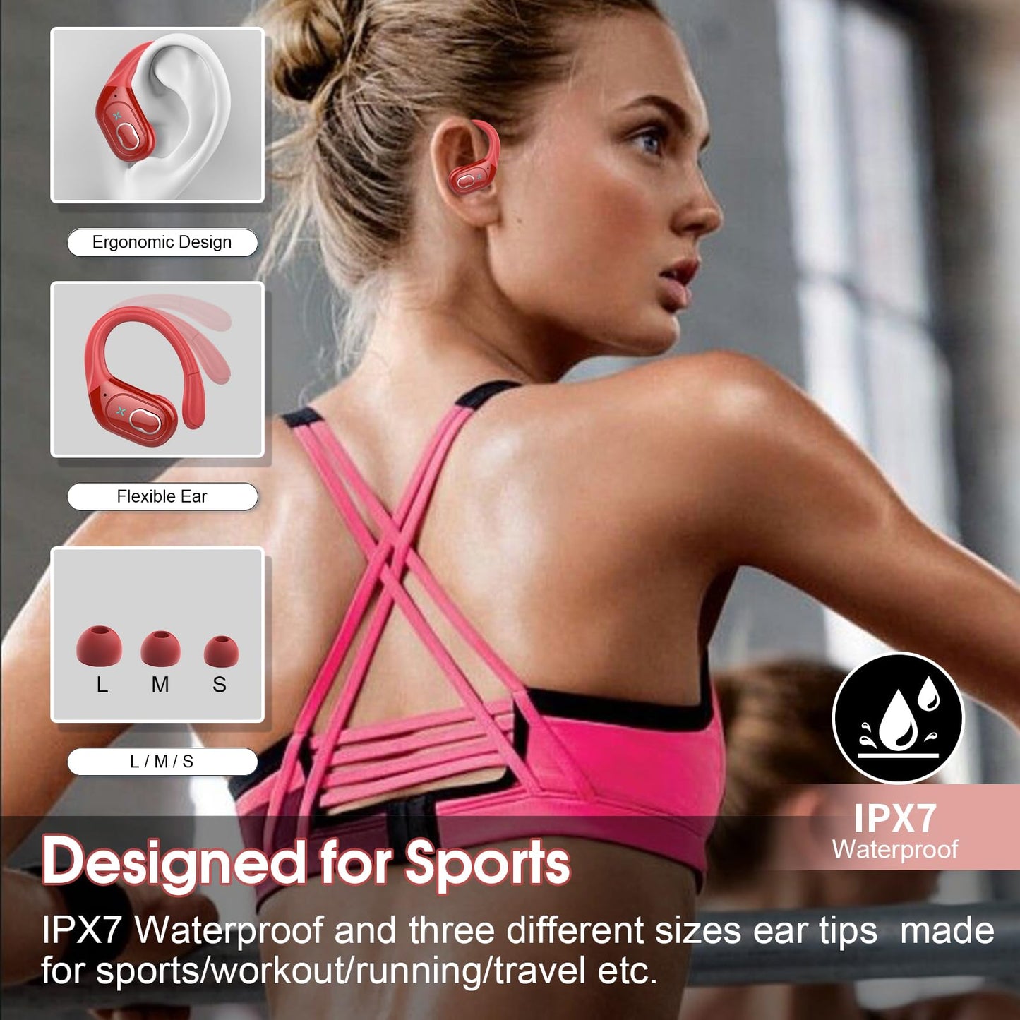 Aptkdoe Wireless Earbuds 75hrs Bluetooth 5.4 Headphone Sport, 2025 Bluetooth Earbuds Stereo Deep Bass Over Ear Bud with Earhooks, ENC Noise Cancelling Mic, IPX7 Waterproof Earphone, Red