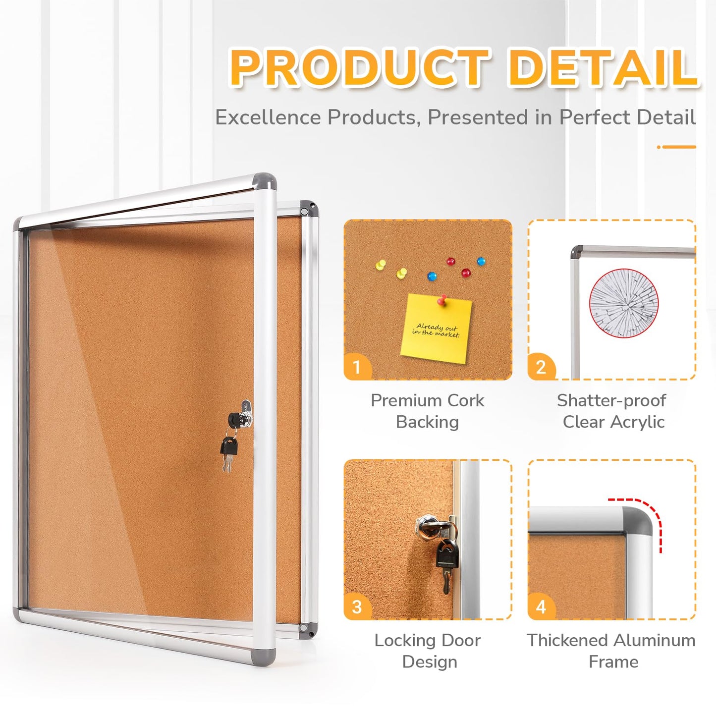EVERSUPPLY Enclosed Cork Bullletin Board 20x26 in, Tamperproof Display Case with Locking Door for Office School Home Store, Wall Mount, Silver Aluminum Frame (4xA4)