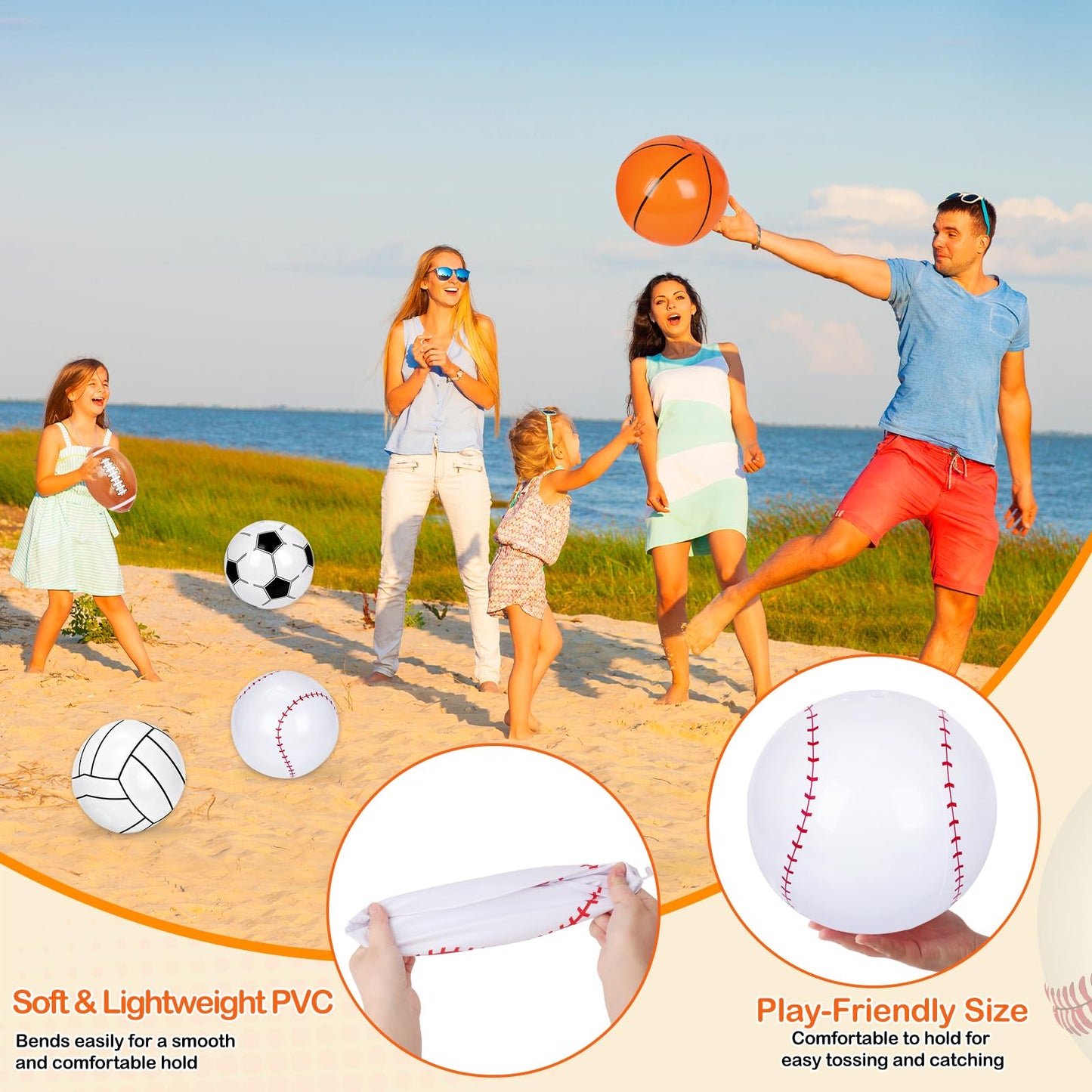 40 Pieces Inflatable Sports Beach Balls, 8 in Inflatable Ball Basketball, Baseball, Football, Soccer, Volleyball Beach Balls for Summer Pool Game Sports Themed Party Decorations Birthday Party Favors