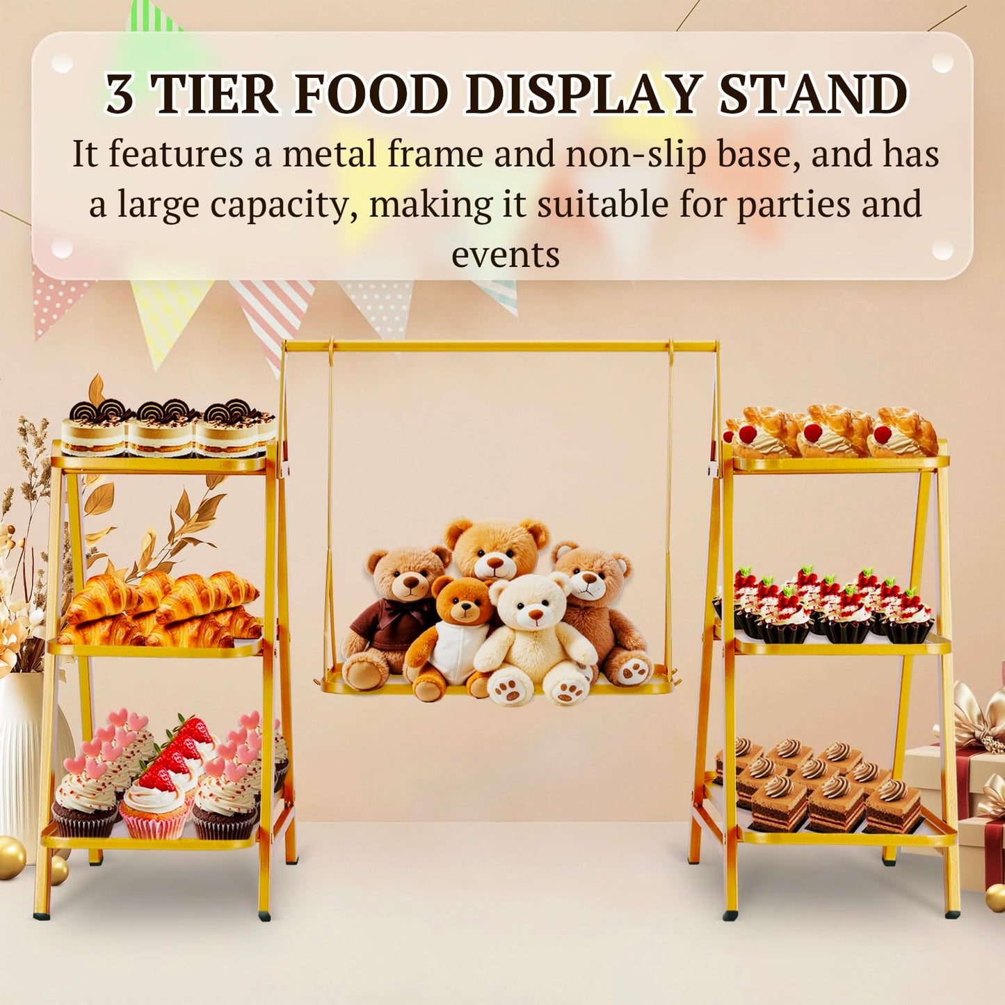 QDXIW Metal 3 Tier Cupcake Stands, Large Capacity Serving Removable Tray Dessert Stands with Swing Design and Anti-slip Base, Food Display for Parties and Events, Wedding, 32.28*15.55*20.47Inch (Gold)