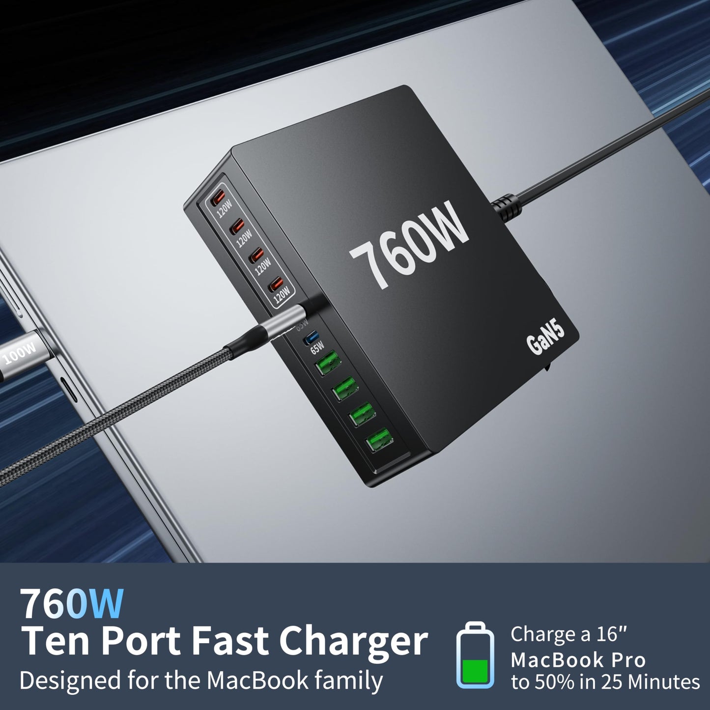 760W USB C Charger Block, 10 Port Fast Charging Station Hub PD 100W MacBook Charger Compatible with iPhone 17 Pro Max/Air/16 SE/15/MacBook Pro/Air/All iPad Max/Samsung Galaxy Note S25/Z Fold
