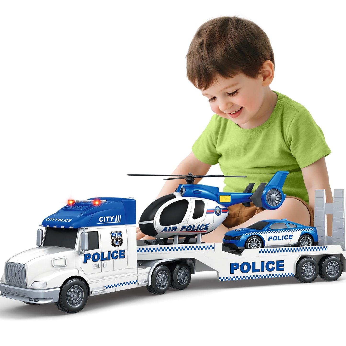 Kids Toys for 3 4 5 6 7 8 Years Old Boys, 27" Police Truck Toy with Racing Car and Helicopter, Toddler Friction Powered Truck Vehicle Toy with Lights, Sounds for Boys Girls Christmas Birthday Gifts