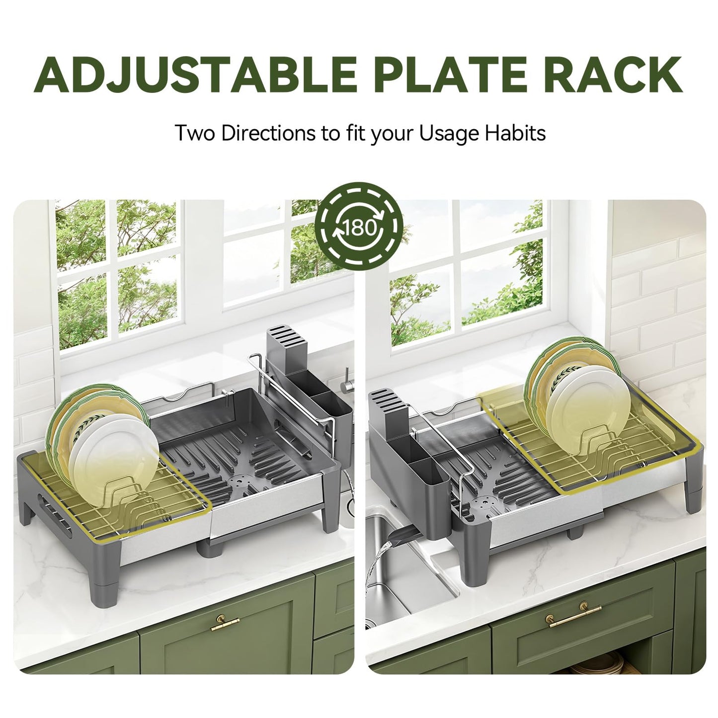 Urackify Expandable Dish Drying Rack, Stainless Steel Dish Rack with Aluminum Frame, Dish Drainer for Kitchen Counter, Space Saving Kitchen Drying Rack with Movable Utensil Holder, Gray