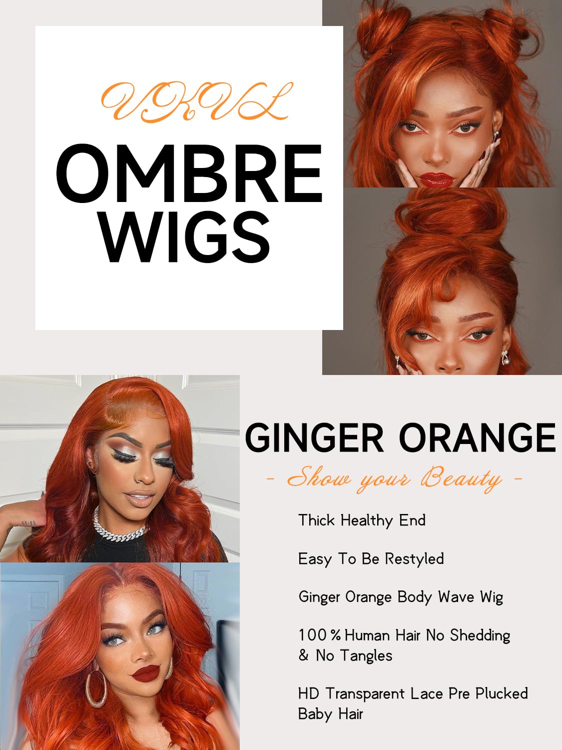 VKVL Ginger Lace Front Wigs Human Hair Pre Plucked 26 Inch 200% Density Hd Lace Front Wigs Human Hair 13x4 Ginger Orange Body Wave Lace Frontal Wigs Human Hair Colored Glueless Wigs