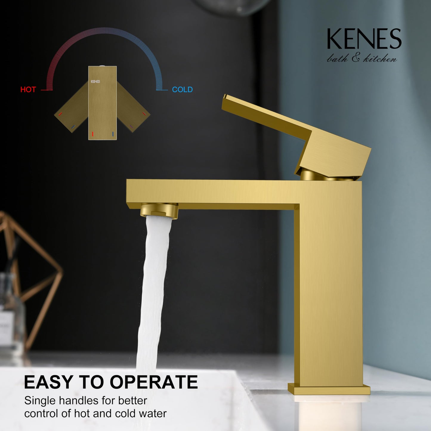 KENES Brushed Gold Bathroom Faucets, Modern Single Hole Lavatory Vanity Faucet, Single Handle Bathroom Sink Faucet Gold, with Pop Up Drain & Water Supply Hoses LJ-9031-4