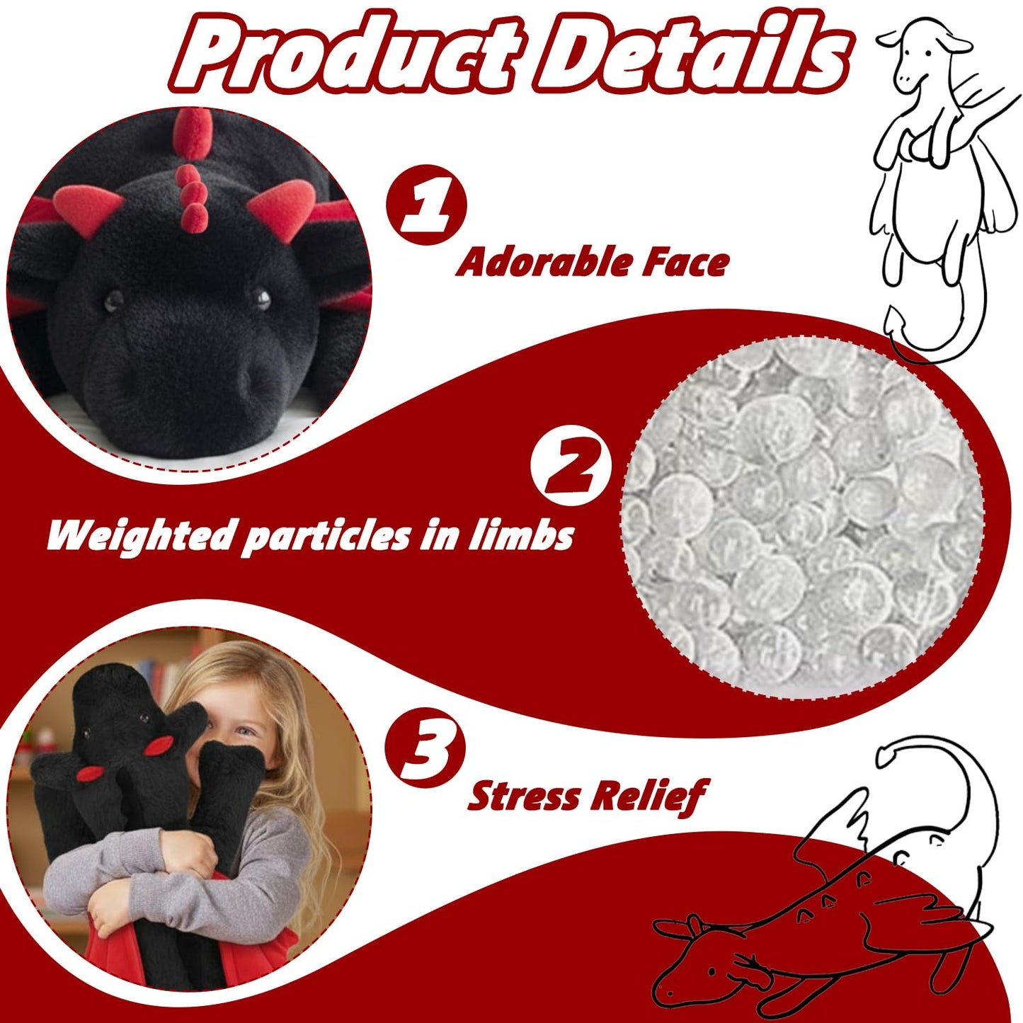 ARELUX Large 37in Cute Dragon Stuffed Animals Plush Toy Soft Black Pterosaur Plushie Giant Fuzzy Dinosaur Pillow Plushies with Wings Cuddly for Friends Family Member