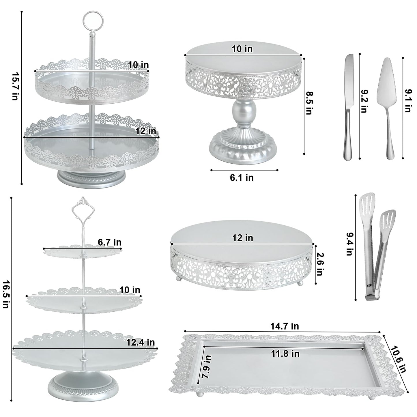 Aofure 11 Pcs Silver Metal Cake Stand Set, Dessert Table Display Set for Party, Cupcake Stand and Candy Table Display Sets for Wedding, Birthday Celebration