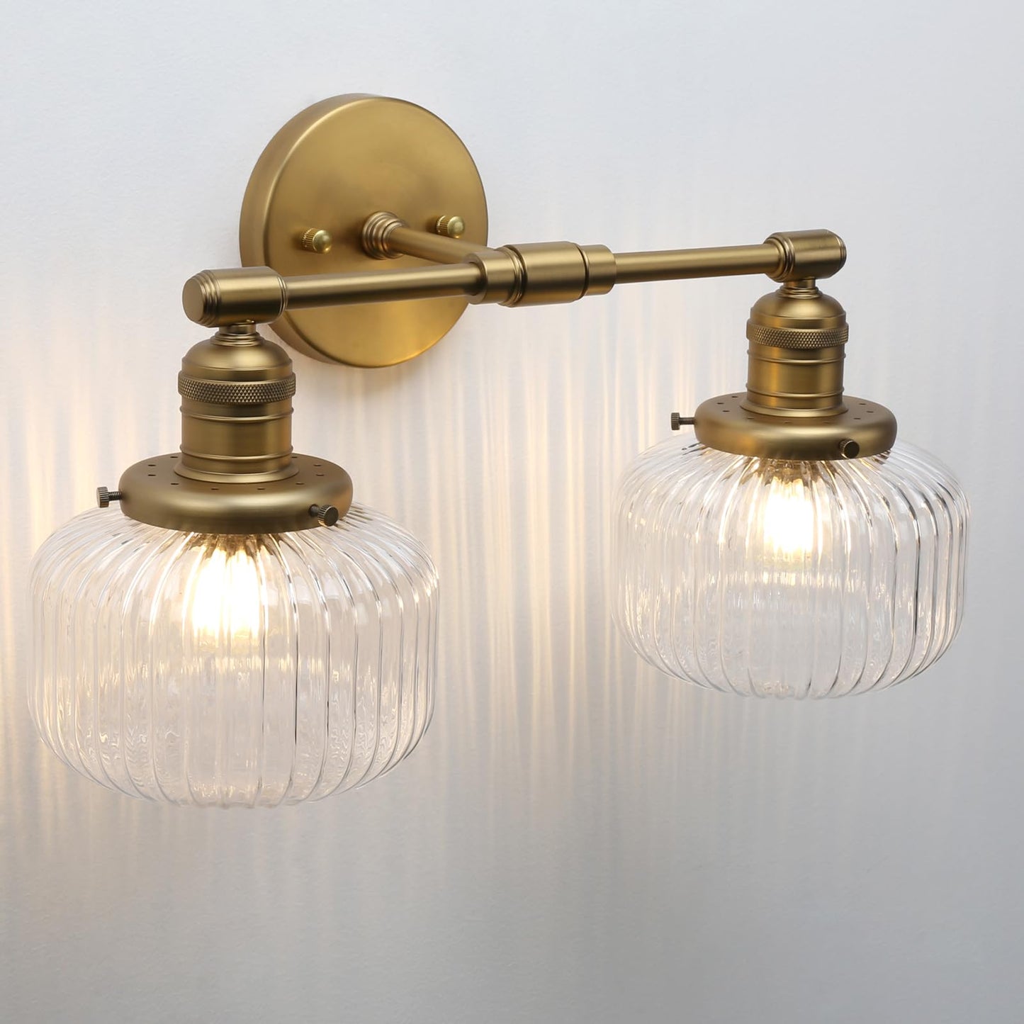 JIMUBEAM 2-Lights Industrial Glass Wall Sconces, Antique Brass Clear Striped Globe Shade Wall Light Fixture for Bathroom Vanity, Bedroom, Dining Room, Living Room, Farmhouse, Stairs