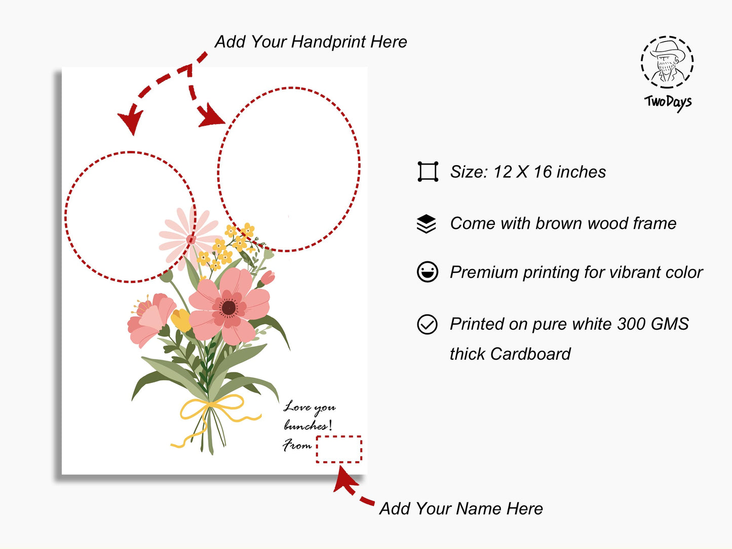 TwoDays Flower Bouquet Handprint Art Craft DIY Kit, Unique Gifts for Mom from Daughter or Son for Mother's Day Birthday Christmas, Gift for Grandma. (Floral-1, Brown)
