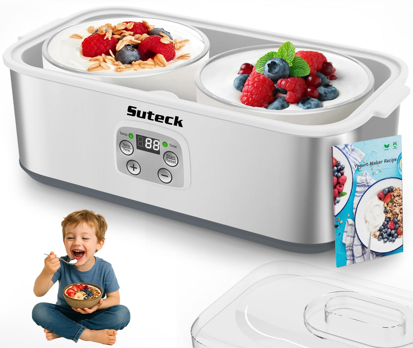 Suteck Yogurt Maker with Glass Jar- Stainless Steel Yogurt Machine with Adjustable Time & Temp Control, Homemade Greek, Probiotic Yogurt, BPA-Free 2 Yogurt Bowls (2 Quart)