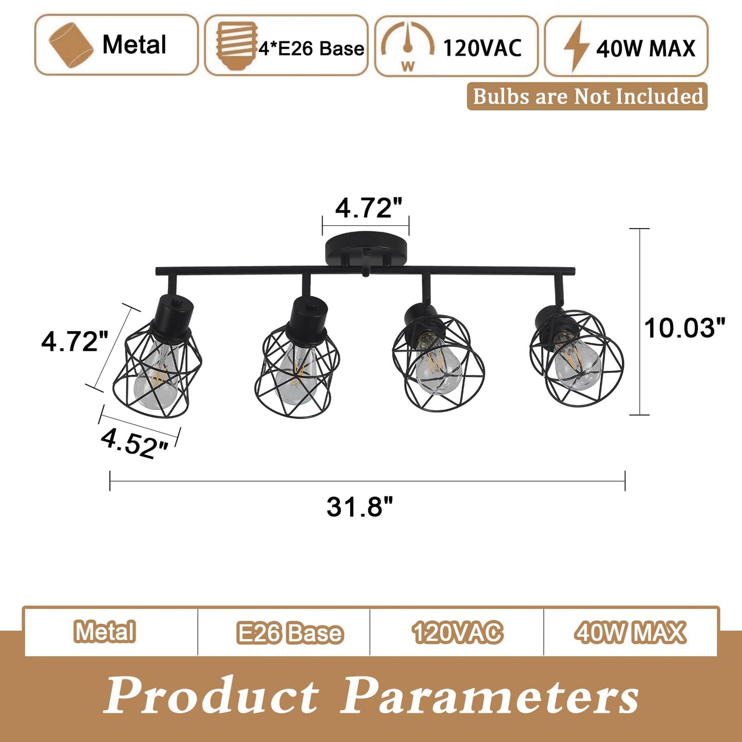 BUXVRCS Adjustable Multi-Directional Black Light Fixtures, Semi Flush Mount Ceiling Light, Kitchen Light Fixtures Ceiling Mount, Geometric Metal Cage Industrial Spotlight Fixtures for Dining Room