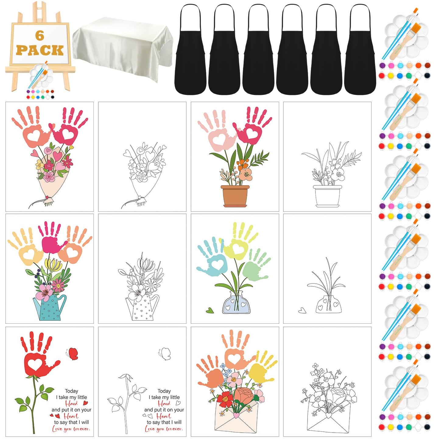 Motipuns 6sets Flower Bouquet Handprint Art Craft DIY Kit Customized Mothers Day Gift Handprint Ornament Kit Personalized Handprint Flowers Frame Sign for Mother Grandma Birthday Gift