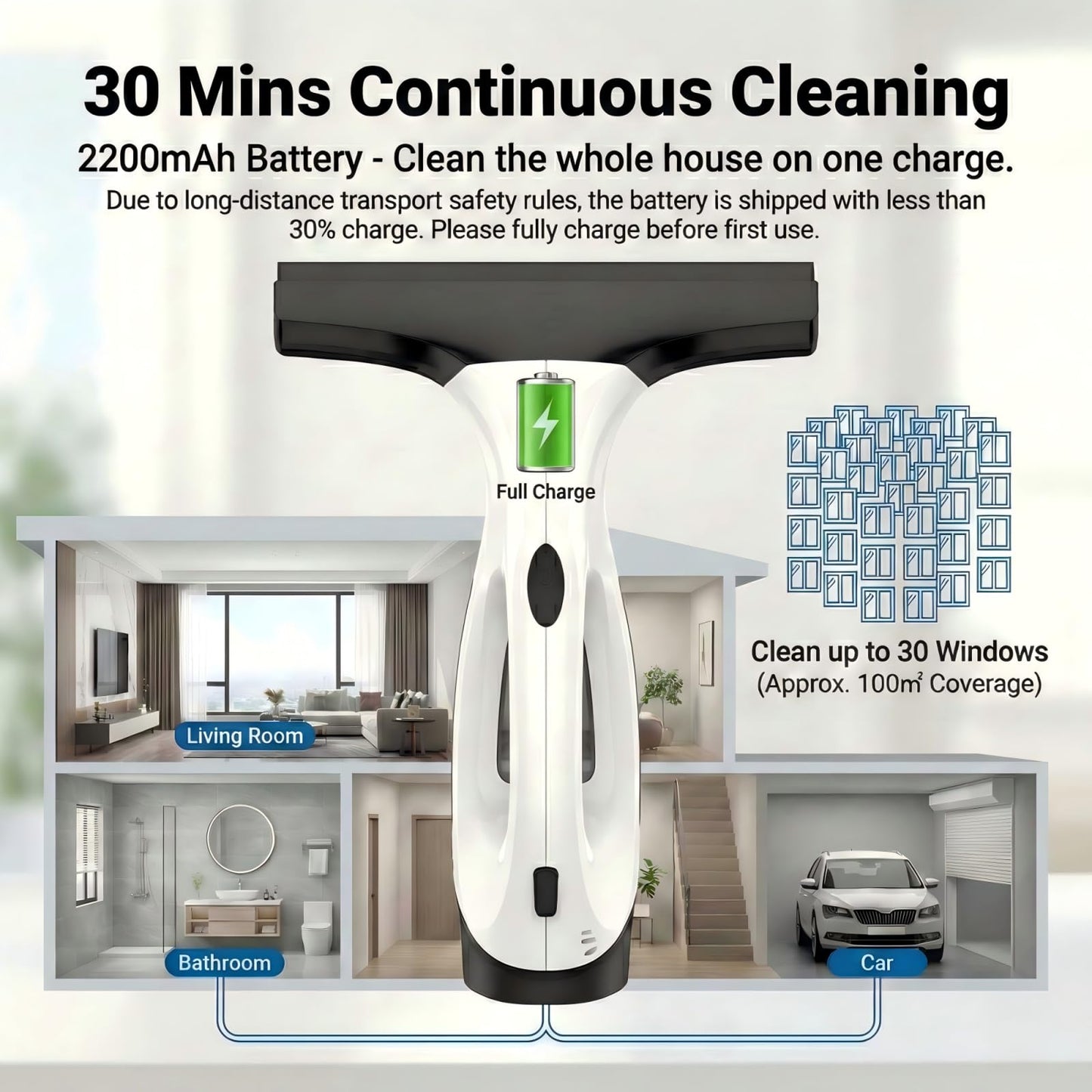 Electric Window Vacuum Squeegee, 2200mAh & 2000Pa Cordless Window Cleaner Tool with 150ml Water Collection Tank, Window Cleaning Kit for Shower Glass, Car, Door, Mirror, Home