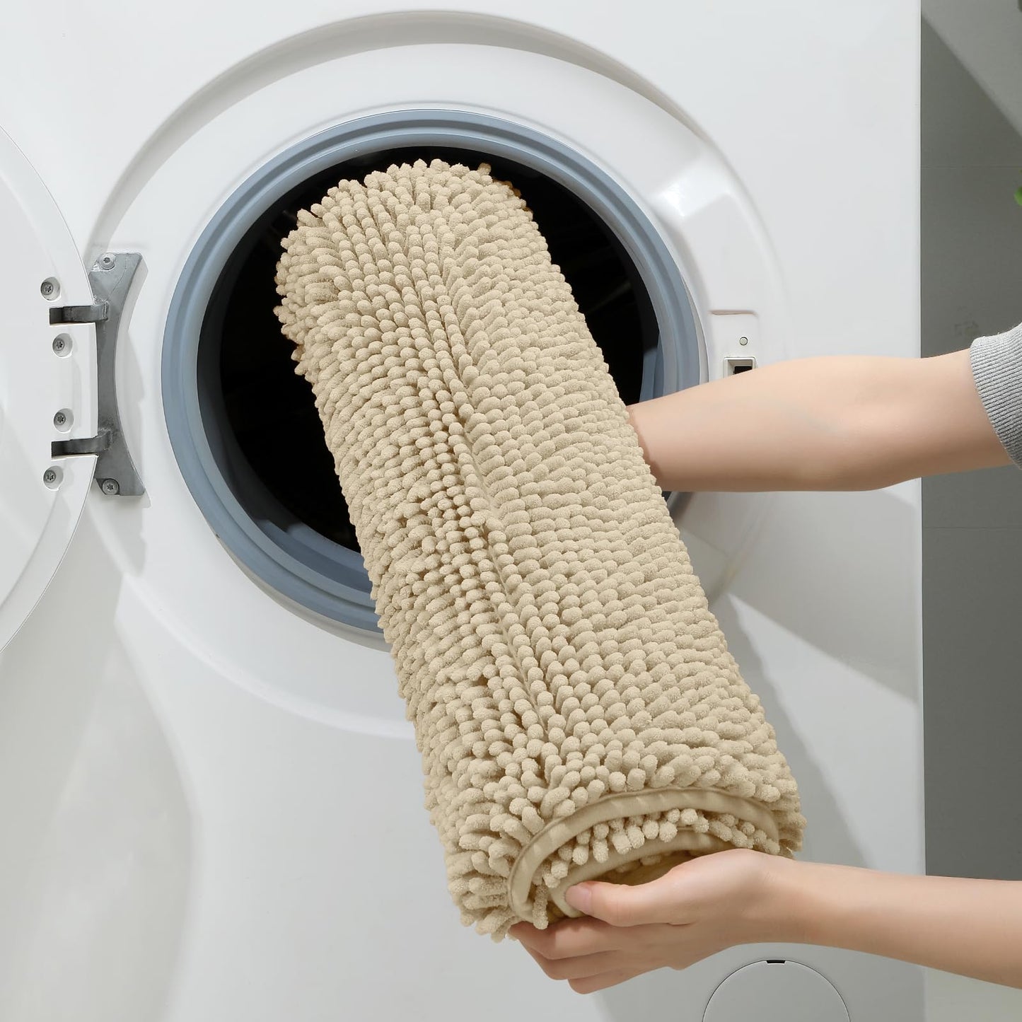 HOMEIDEAS 3 Pieces Bathroom Rugs, Ultra Soft Non Slip Absorbent Chenille Toilet Bath Mat Set (Beige)