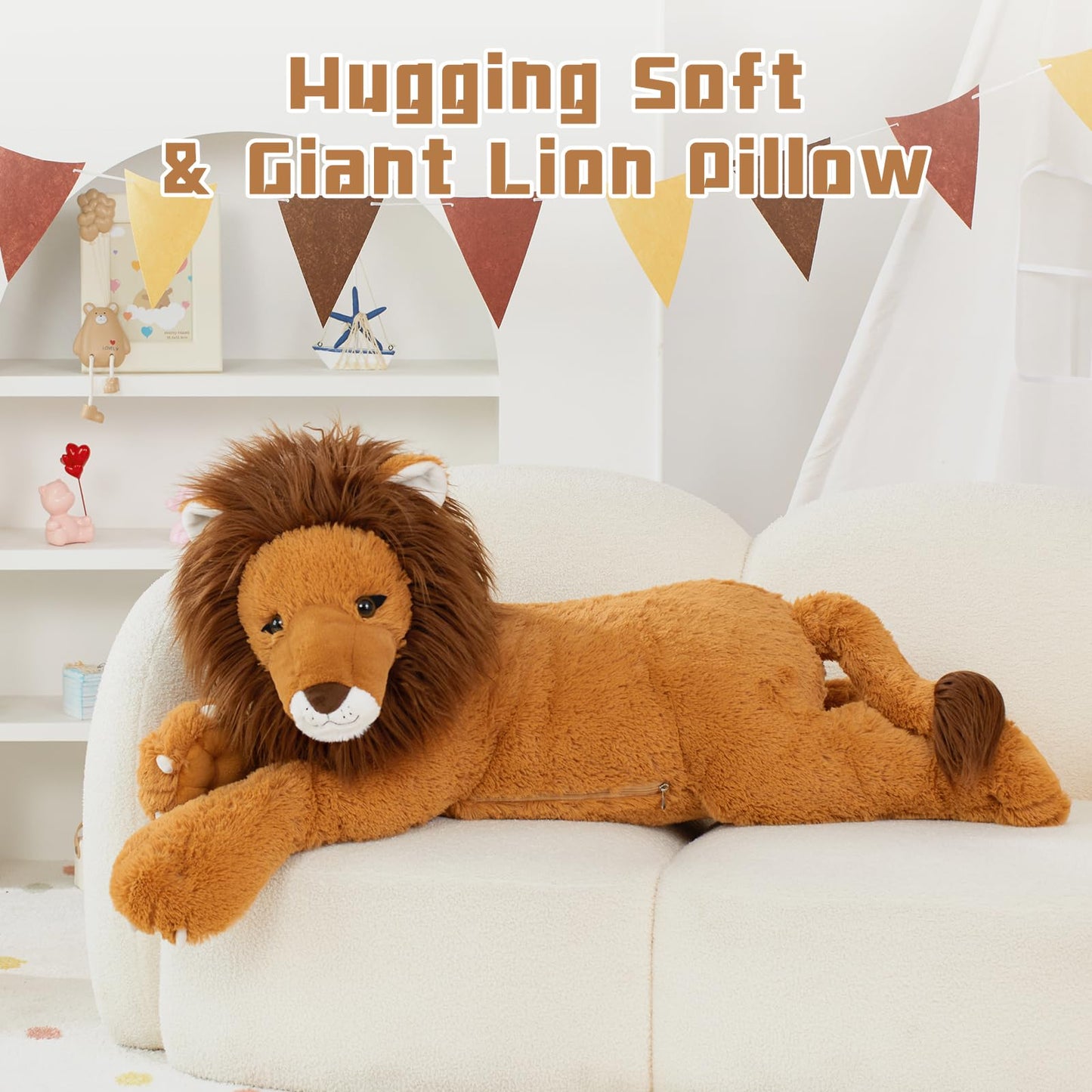 Tezituor 43.3inch Giant Lion Stuffed Animal, Hugging Soft Lion Plush Body Pillow, Realistic Large Stuffed Lion Plush Gift for Kids