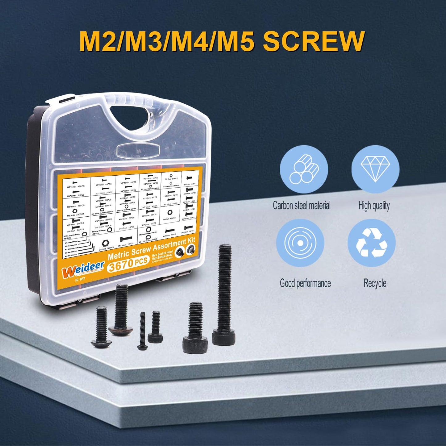 weideer 3670pcs M2 M3 M4 M5 Metric Screw Assortment Kit,Metric Bolt Assortment,12.9 Alloy Steel Hex Socket Head 10.9 Alloy Steel Hex Button Head Machine Screws Nuts Washers with Wrench