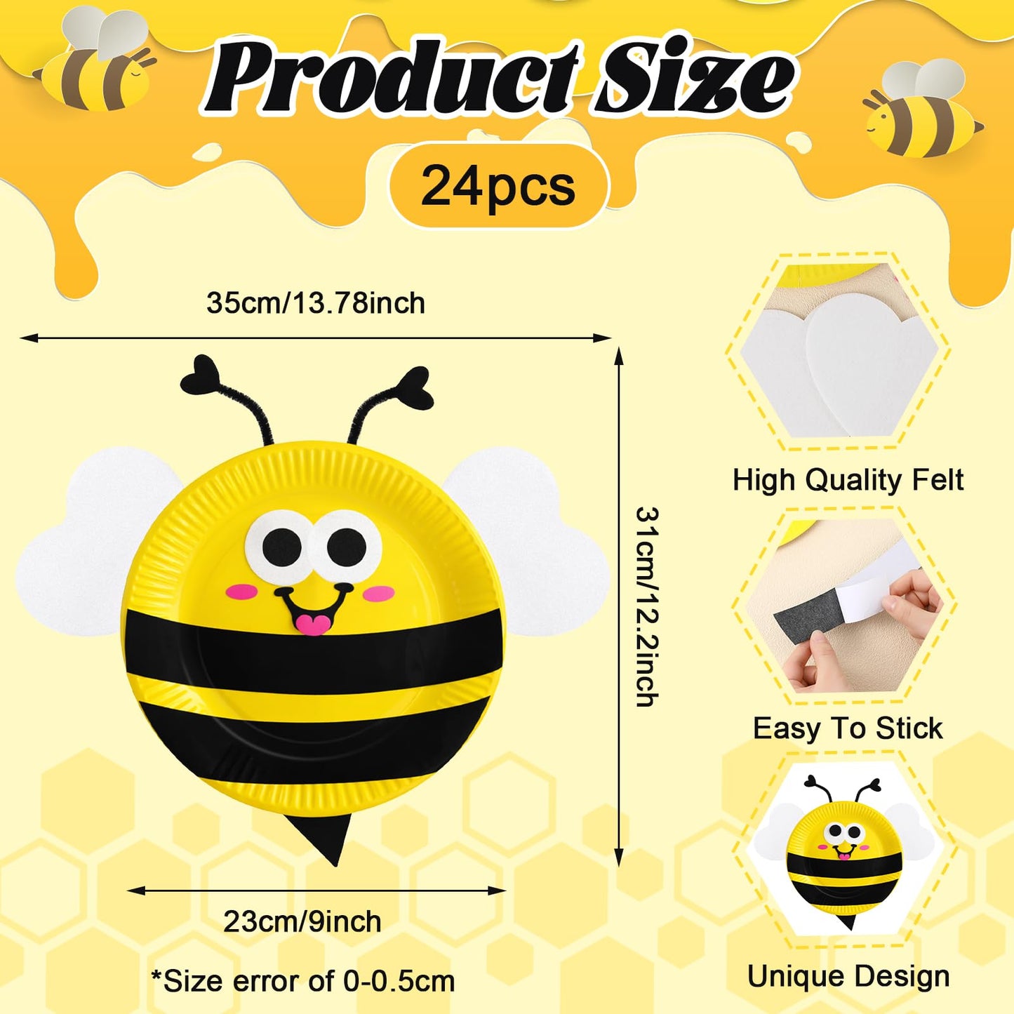 Ceenna 24 Set Bee Sign Paper Plate Craft DIY Bees Papers Plates Felt Bee Cutouts for Honey Baby Shower Birthday Wedding Party Decor Spring Summer Crafts Activity Supplies