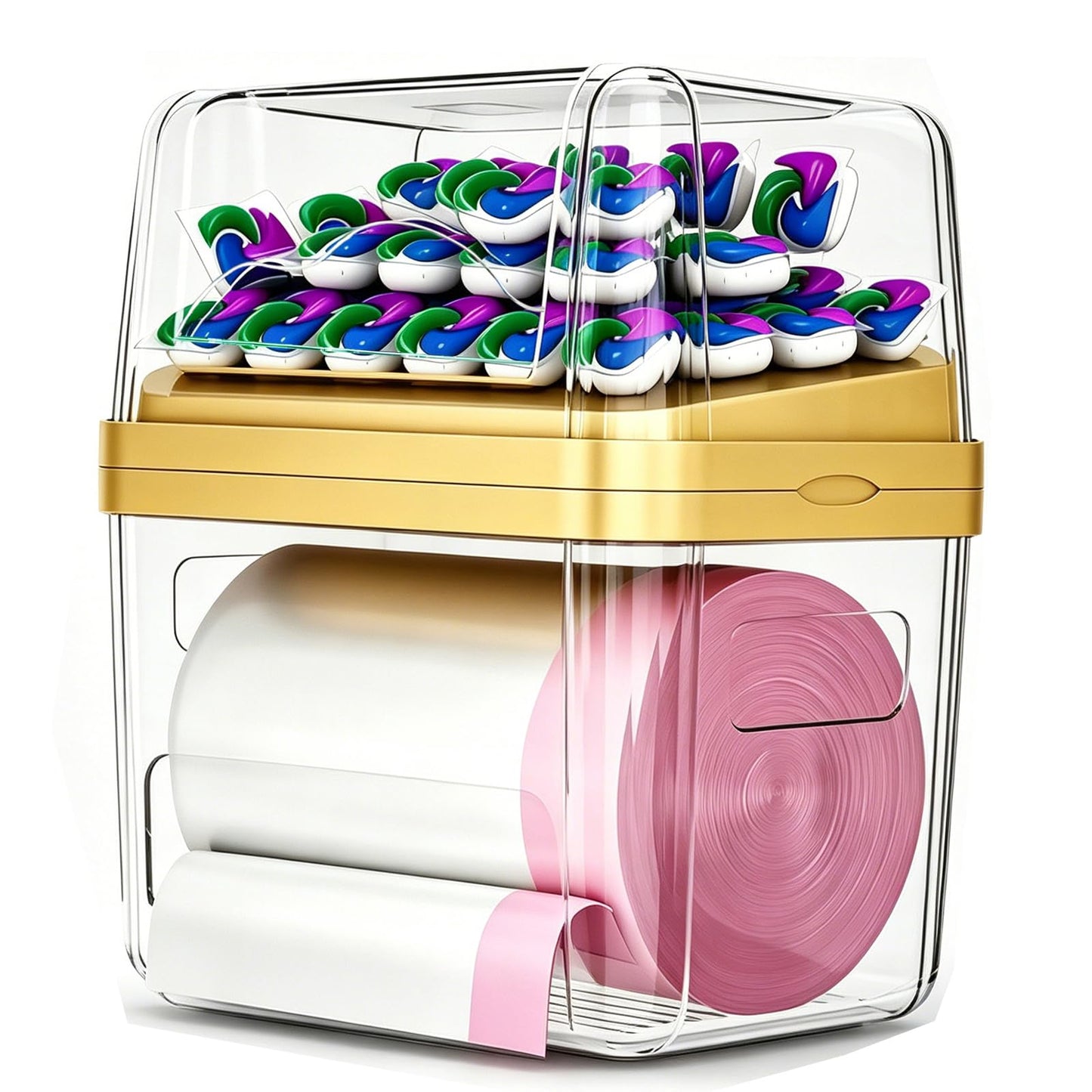 ZZWILLB 2-in-1 Trash Bag Dispenser & Laundry/Dishwasher Pods Container, Clear Acrylic Garbage Bag Holder with Removable Lids, Under Sink Organizer Kitchen Pantry Storage Box