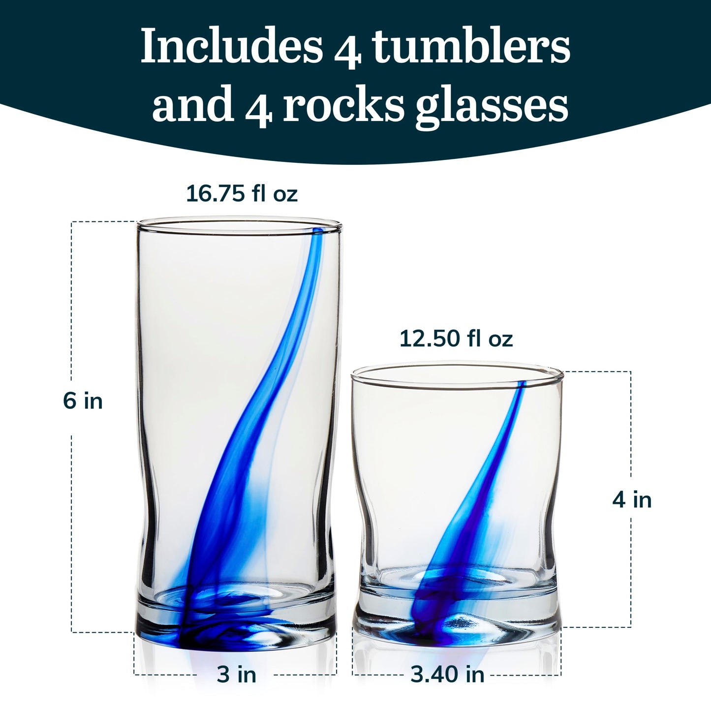 Libbey Blue Ribbon Tumbler and Rocks Drinking Glass Set of 8, Artisanal, Four-Dimpled Glass Cups Set, Clear Glassware Drinking Glasses for Daily Use