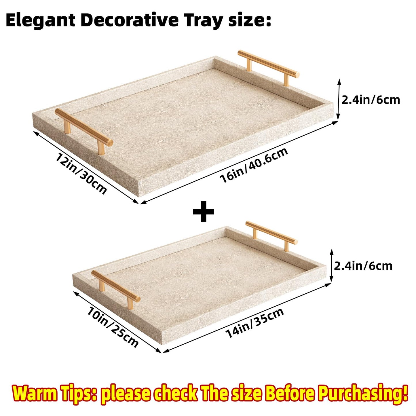 Modern Decorative Tray Set of 2 Ivory Shagreen Leather and Wood Serving Tray with Gold Polished Metal Handles for Ottoman, Coffee Table, Bathroom and More