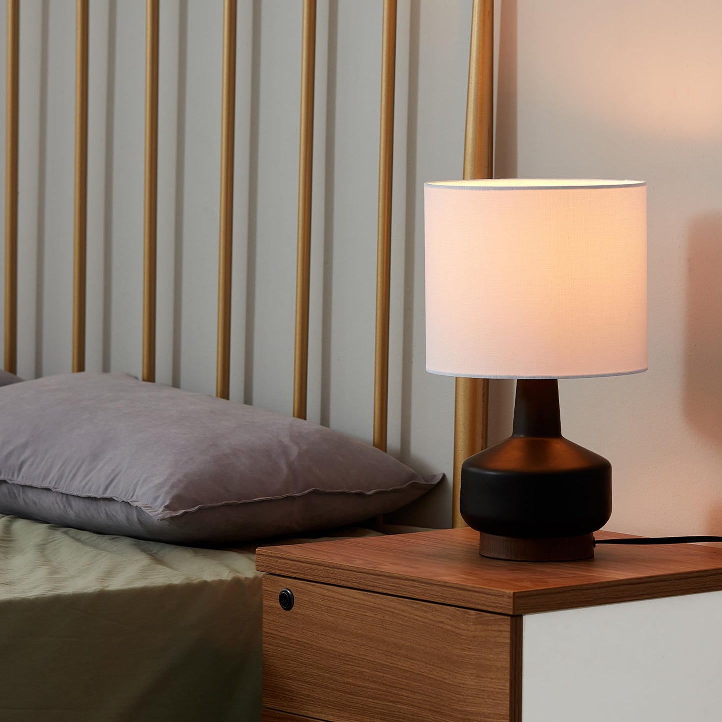 Globe Electric 15" Ceramic Table Lamp, Matte Black Base, Wood-Toned Accent, White Linen Shade, Dual Rotary Switch, Modern Bedroom or Office Lighting, 61000046