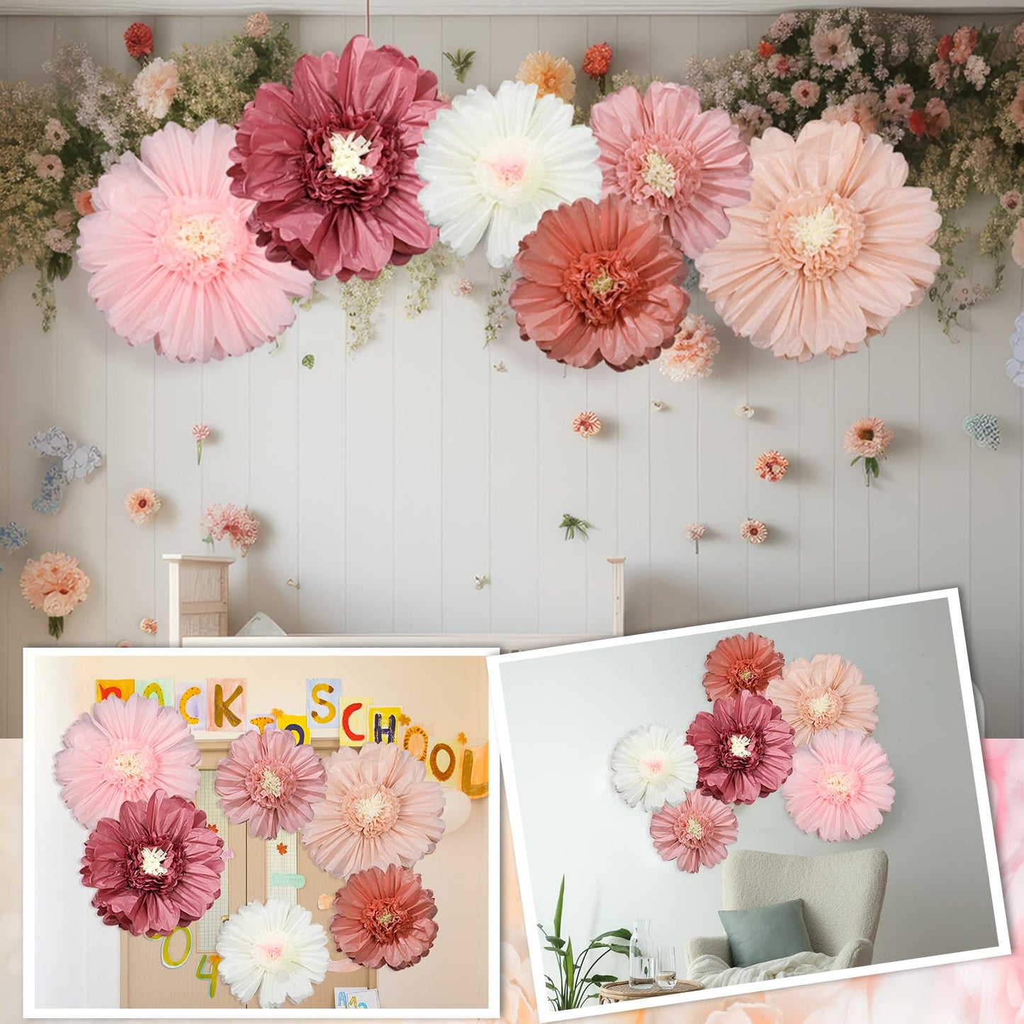Giegxin 6 Pcs 31.5", 24" Pink Giant Paper Flower Boho Large Tissue Paper Flower for Wall Big Pink Pom Pom Floral Decorations for Wall Wedding Bridal Shower Baby Shower Tea Party Nursery Birthday Decor