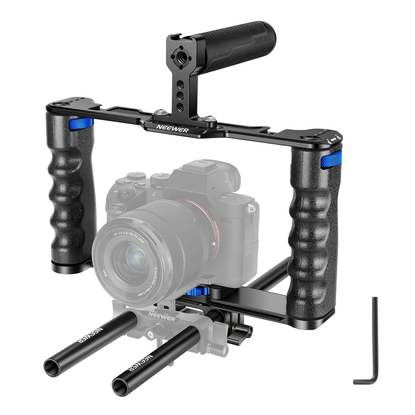 NEEWER Aluminum Alloy Camera Cage, Filmmaking Rig with Top Handle, Dual Grips & Arca Type Base, Compatible with Sony A7S III A7IV A6600 Canon EOS R5C R5 R6 DSLR/Mirrorless Cameras - VS107, Blue