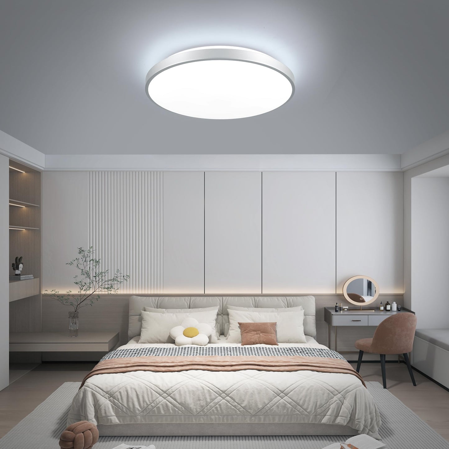 HOREVO LED Bluetooth Ceiling Light with Speaker Remote Control‌ Dimmable RGB Color Changing, Modern Flush Mount for Living Room, Bedroom, Kitchen, Laundry，Silver 16inch
