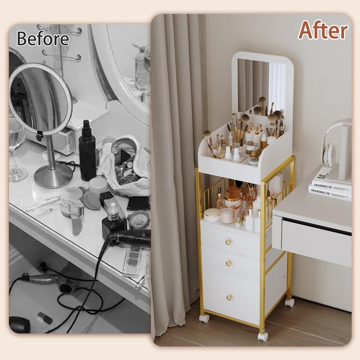 ZQUYAJ Makeup Cart Organizer with Mirror, Floor Makeup Organizer Large- Make Up Organizers Vanity Cart Cosmetic Display Cases Holder for Skin Care Perfume Nail Polish Brush Hair Tool (Gold)