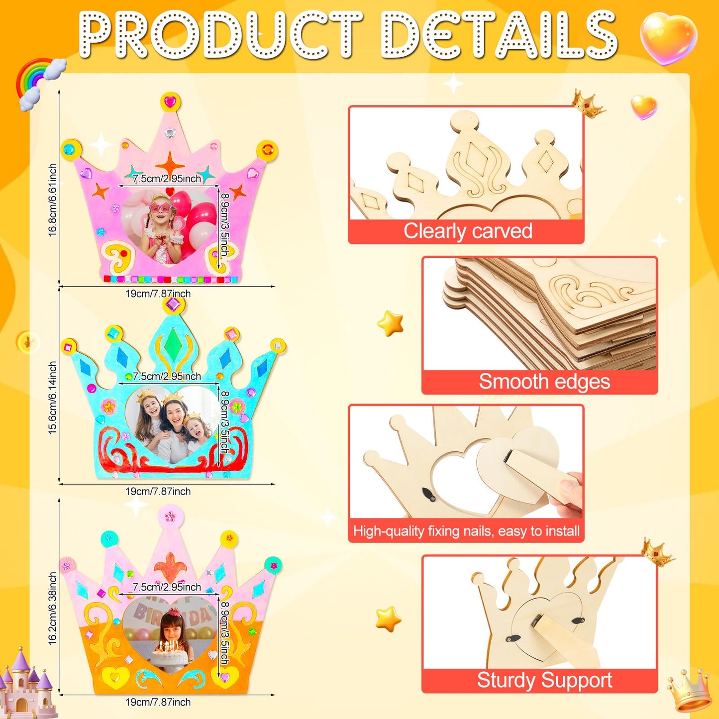 Blueweenly 12 Pcs DIY Picture Frame Painting Craft Kits for Kids Wooden Crown Princess Party Favors Paint and DIY Your Own Frame with 88 Cell Rhinestone Stickers 12 Color Paint Girl Birthday(Heart)