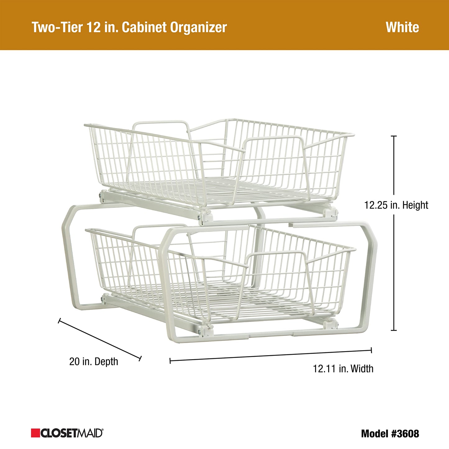 ClosetMaid 11 in. Pull Out Cabinet Organizer, 2 Tier, Heavy Duty, Slide Out Pantry Shelves Drawers for Kitchen, Bathroom, White