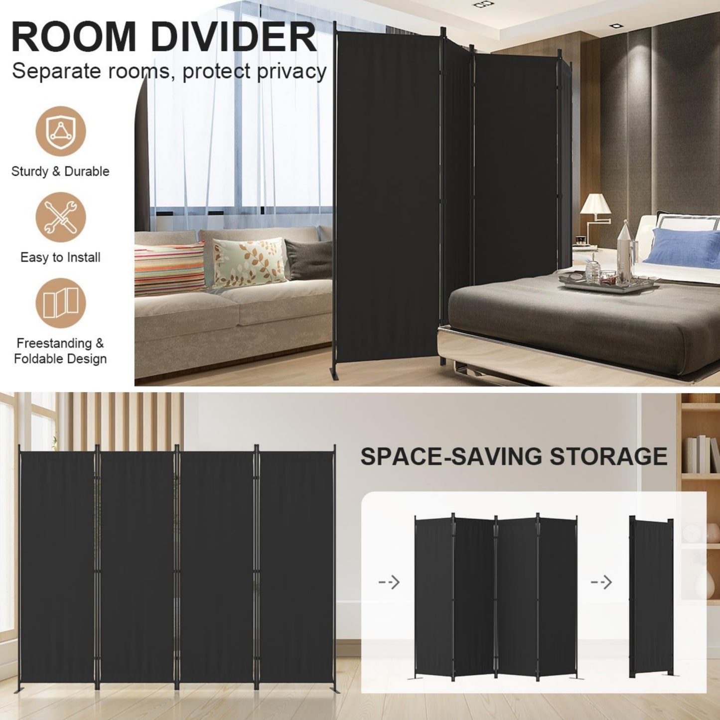 Kecreque Room Divider 4 Panel Partition Room Dividers & Folding Privacy Screens w/ 3 Metal Feet 6FT Portable Wall Doubles as a Dressing Screen Portable Wall for Office Kitchen Children's Room,Black